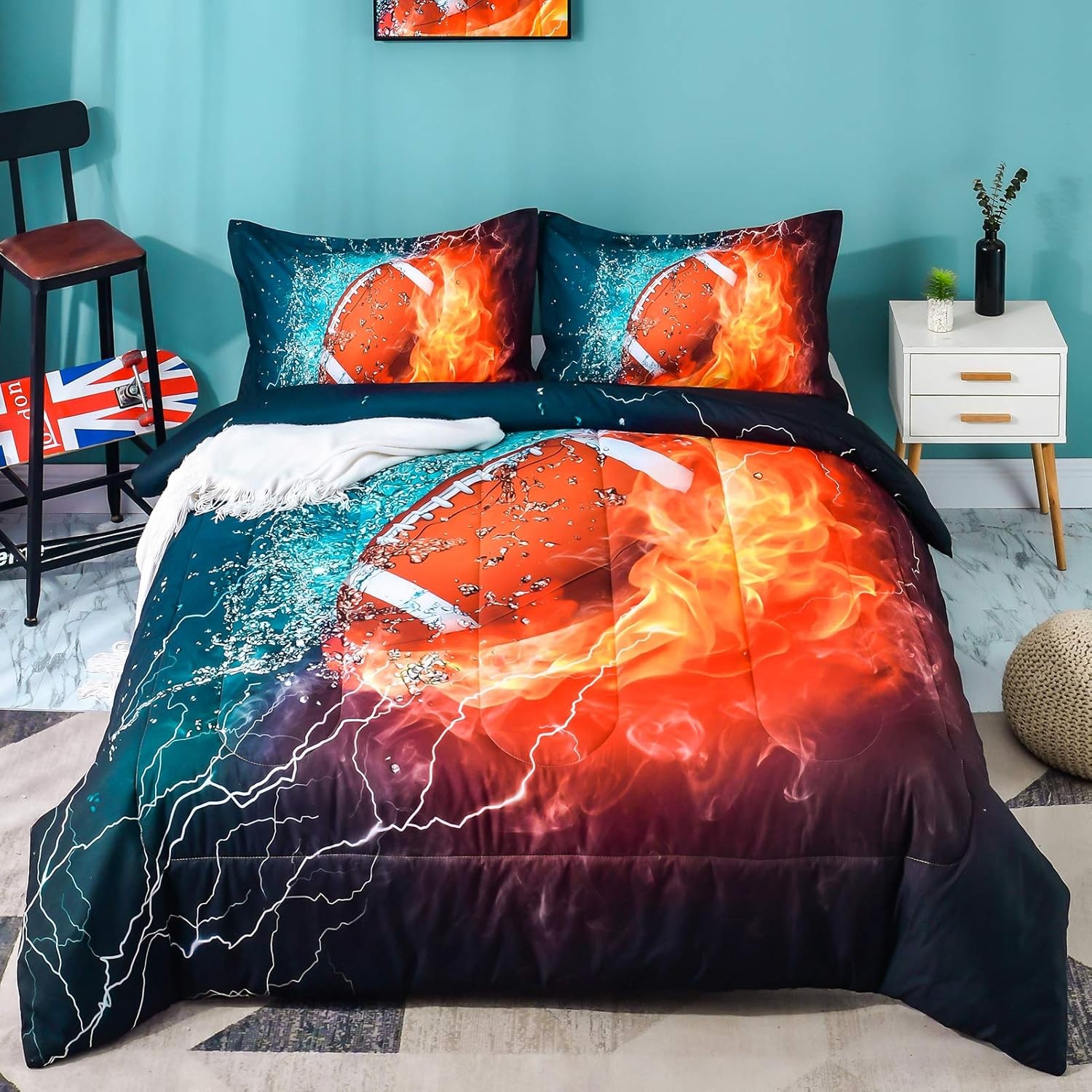 Andency 3D Football Comforter Queen(90×90 Inch), 3 Queen, Orange Blue