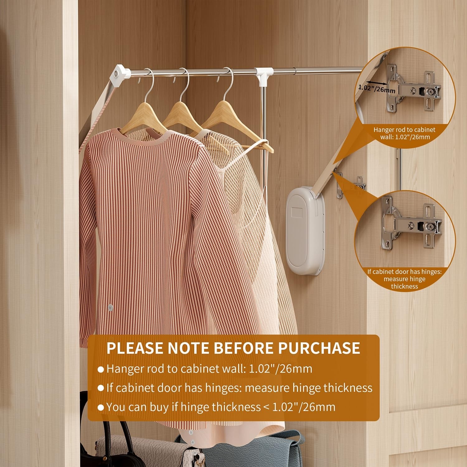 Adjustable 33-45 Pull Down Closet Rods White, High Clothes Access | Two-way B…