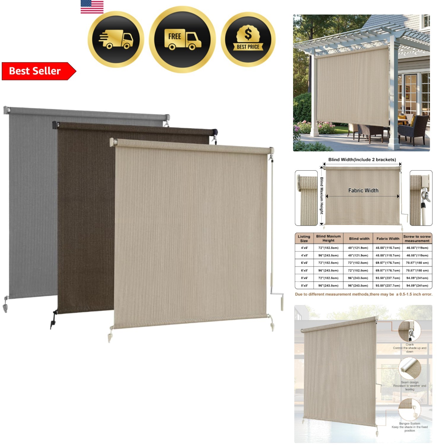 Outdoor Roller Shades Cordless Patio Blinds Roll Up for Porch Balcony Backyard