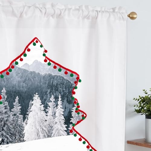 Christmas Tree Valance with Red and Green Pompom 52″W x 36″L (Pack of 1) White