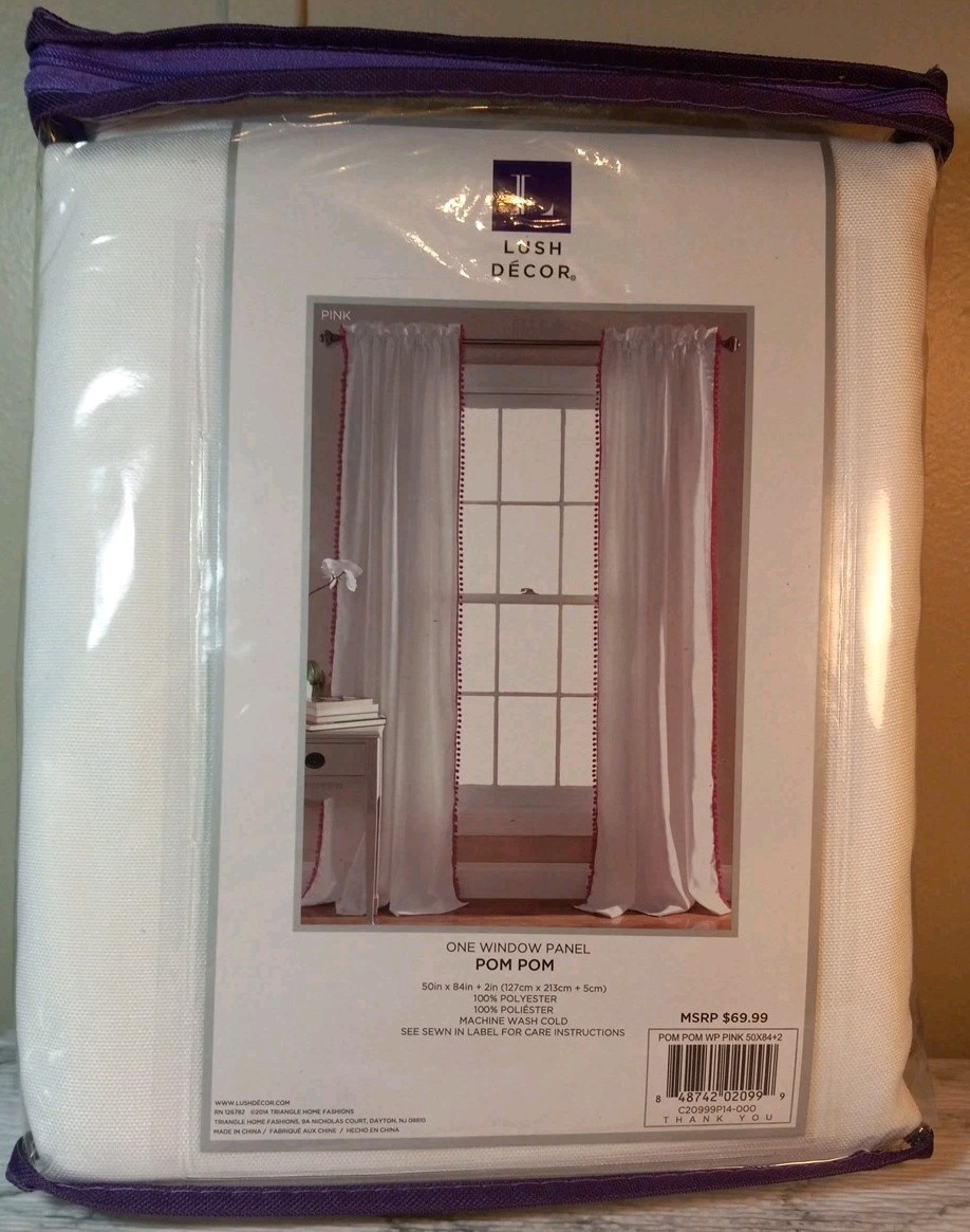 Lush Decor Pom Pom Window Curtain Panel 84 x 50″, Pink Pom Poms New