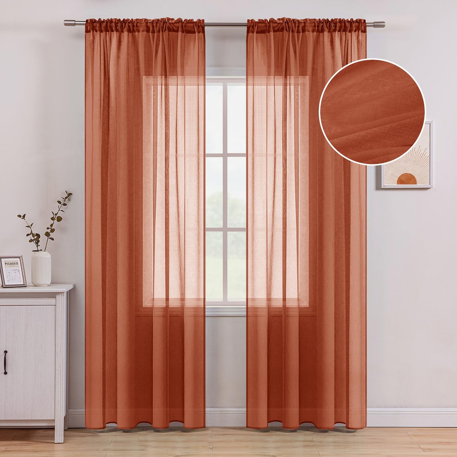 Boho Fall Terracotta Linen Textured Sheer Curtains 54W×84L 2 Panels