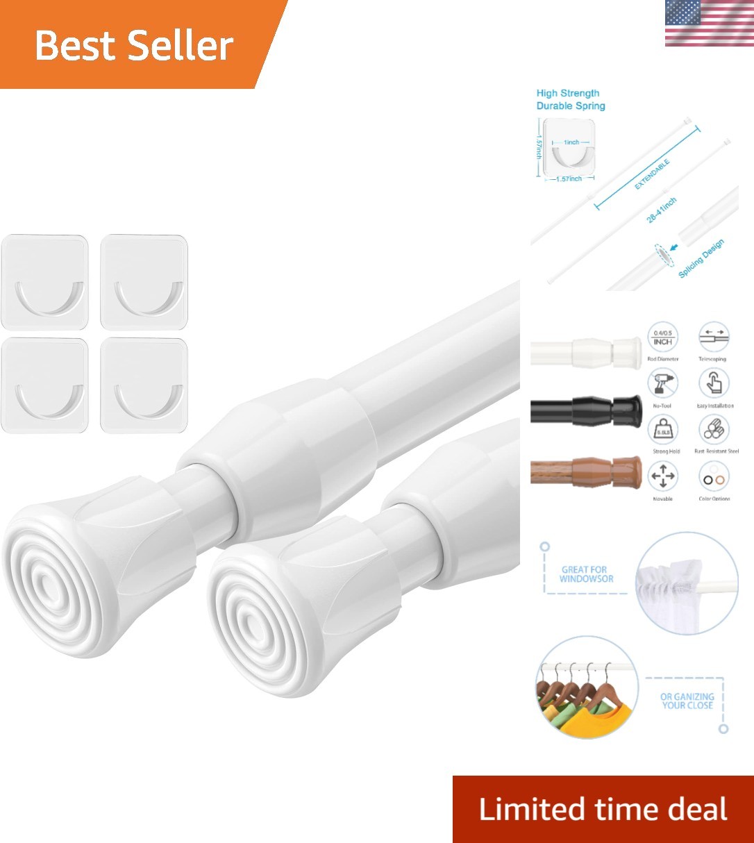 Versatile Tension Curtain Rods in White, 27″-37″ – Perfect for Doors & Windows