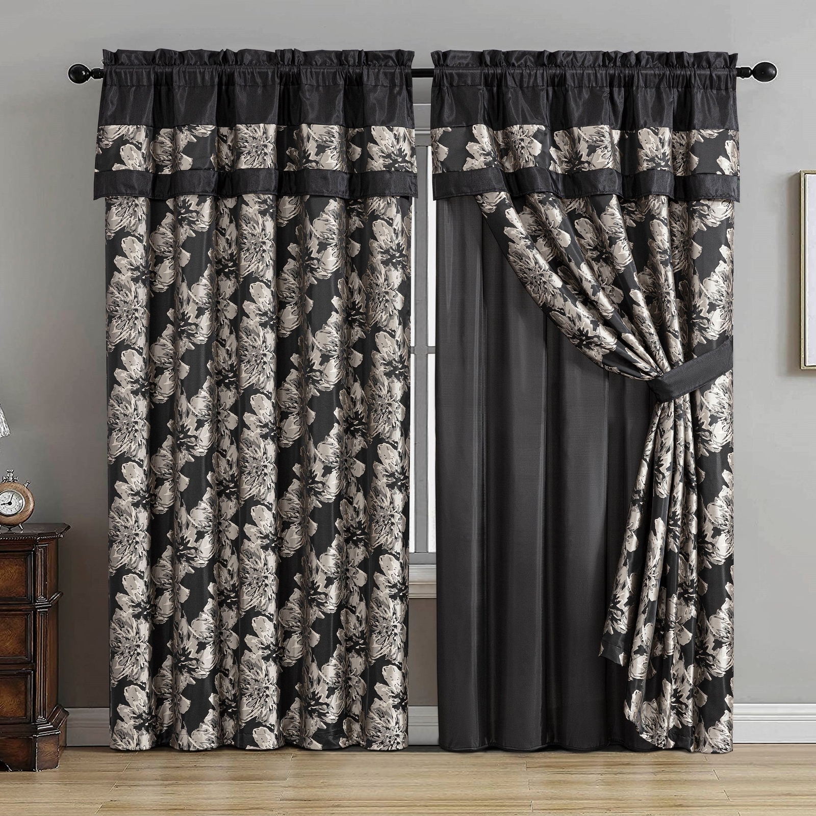 Chezmoi Collection Kelsey 4-Piece Black Gold Jacquard Woven Hibiscus Curtain Set