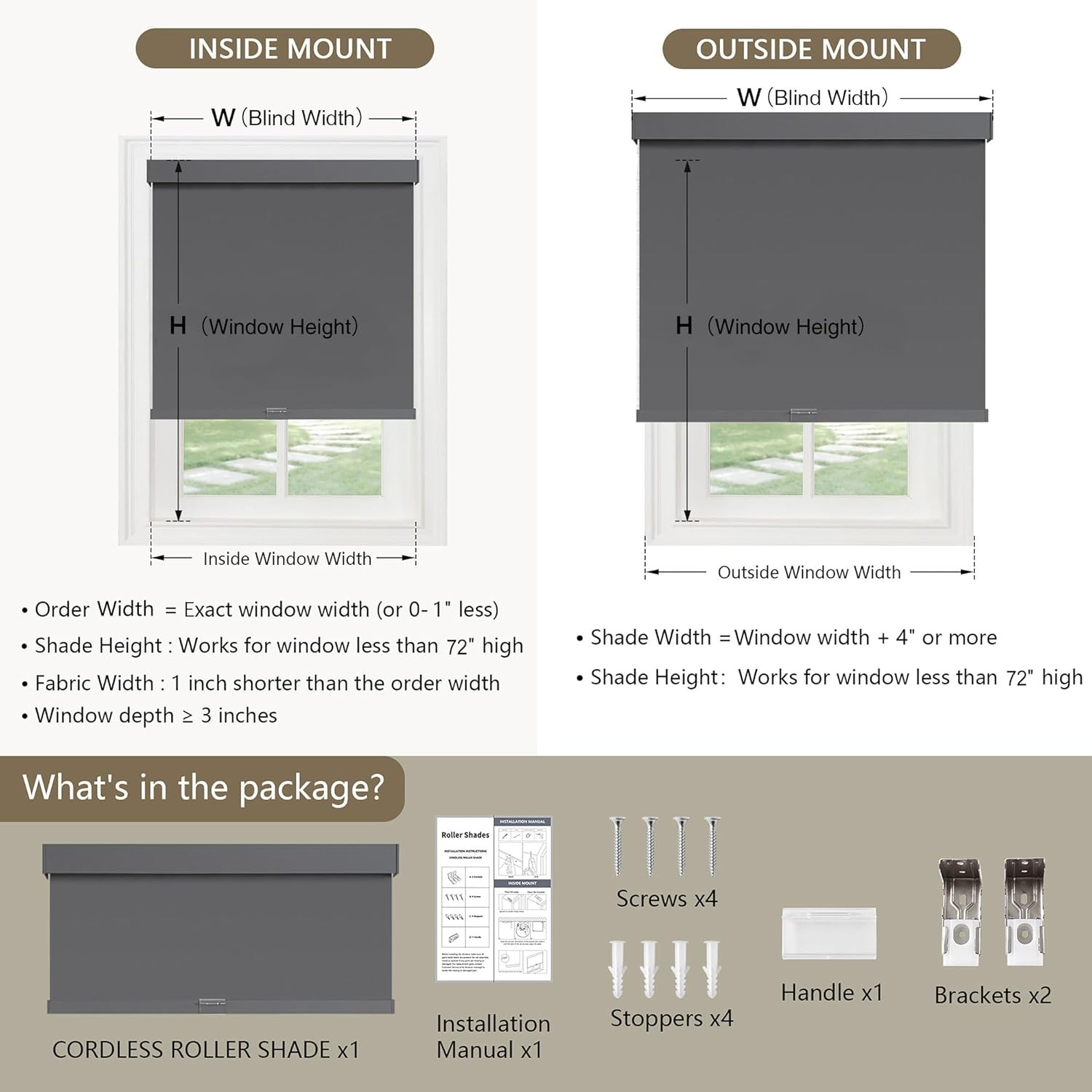Cordless Blackout Roller Shades, Thermal Insulated, Grey 51″ W X 72″ L