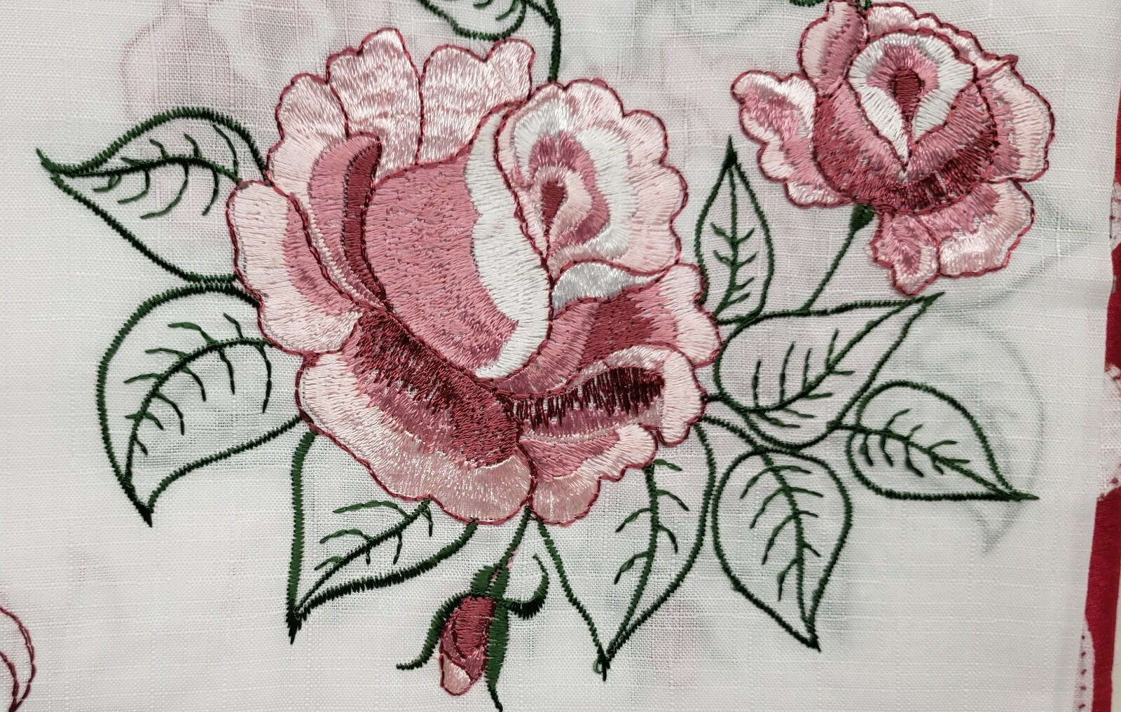 3pc. Embroidered Curtains Set: 2 Tiers & Swag (60″x36″) VIVID ROSE FLOWERS,OG,RT