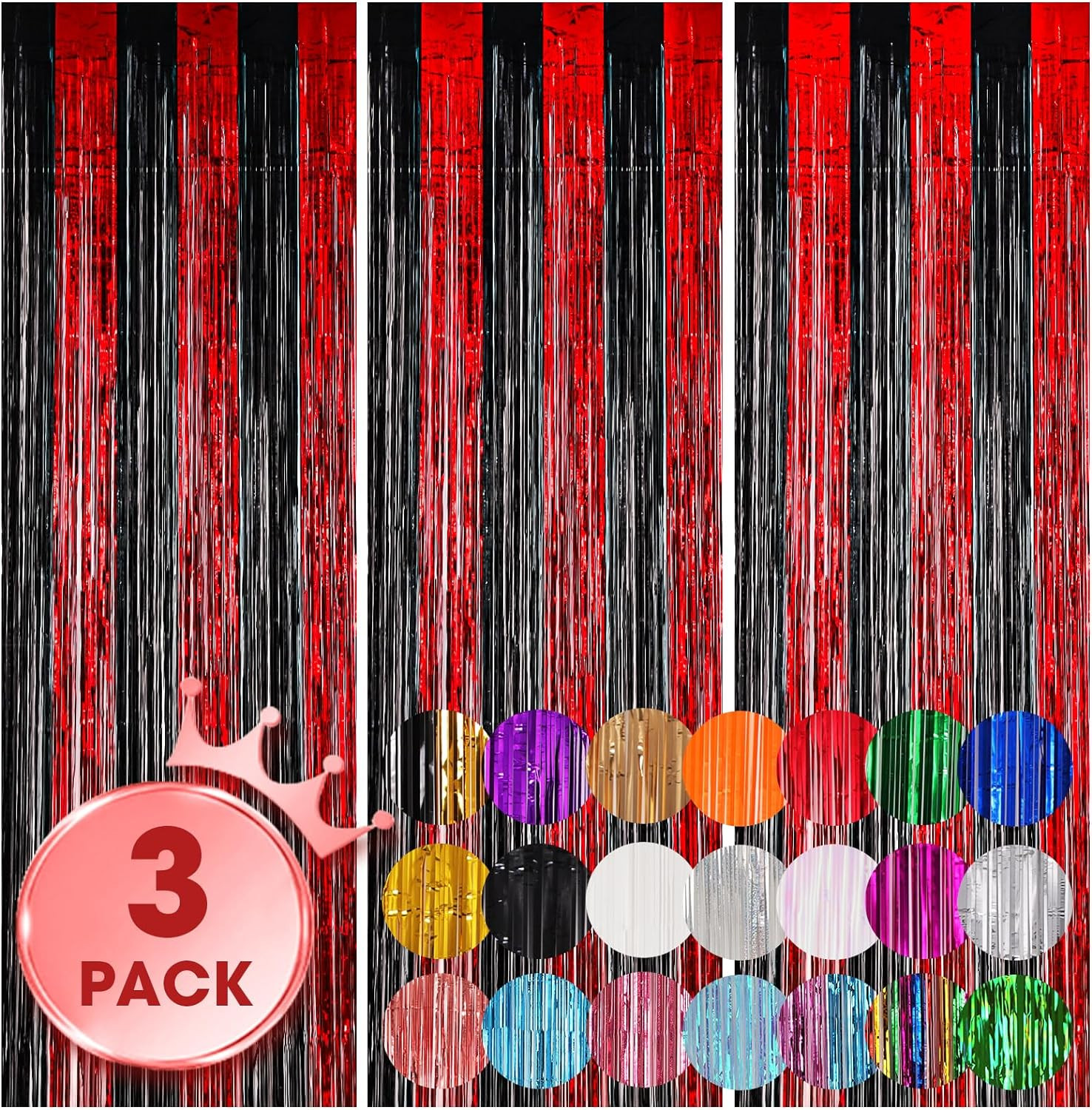 3 Pack 3.3X8.2 Feet Red and Black Foil Fringe Backdrop Curtains, Tinsel Streamer