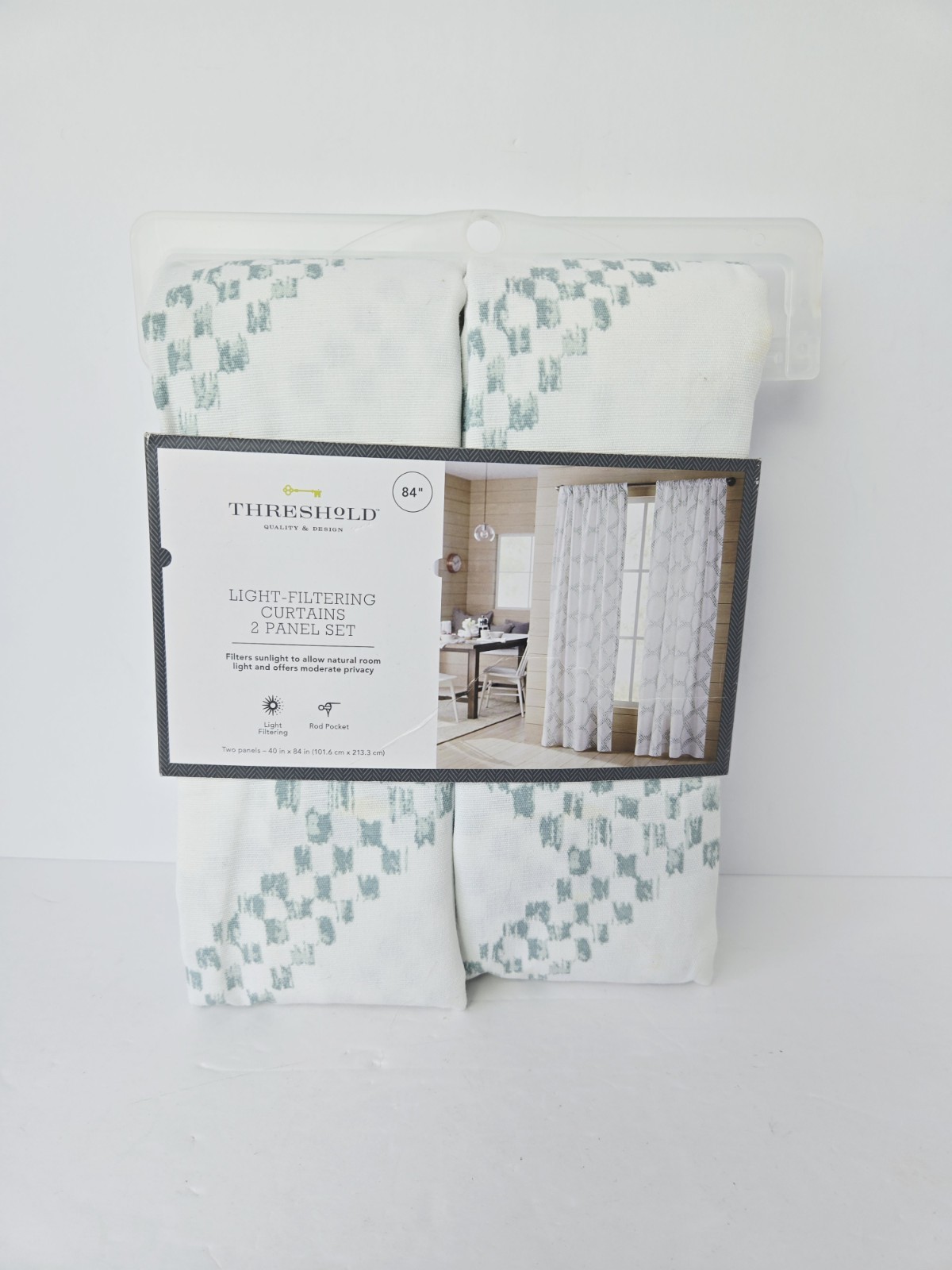 Threshold Light Filtering Curtains 2 Panel Set 40×84″ NEW white blue pattern