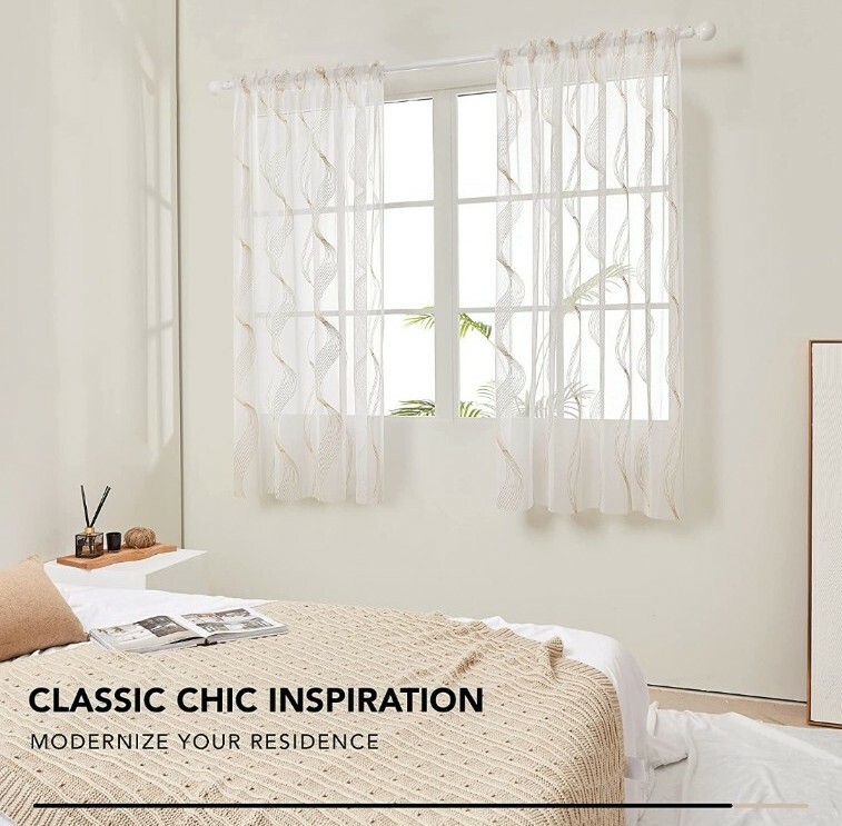 White Sheer Curtains, Beige Stripe, 2 Panels, 52×63″, Rod Pocket Stripe Pattern