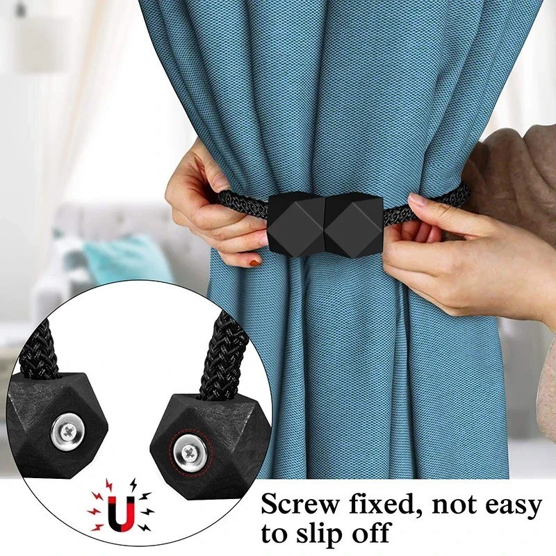 Magnetic Curtain Tiebacks Strong Rope Design Home Decor Black 2Pc