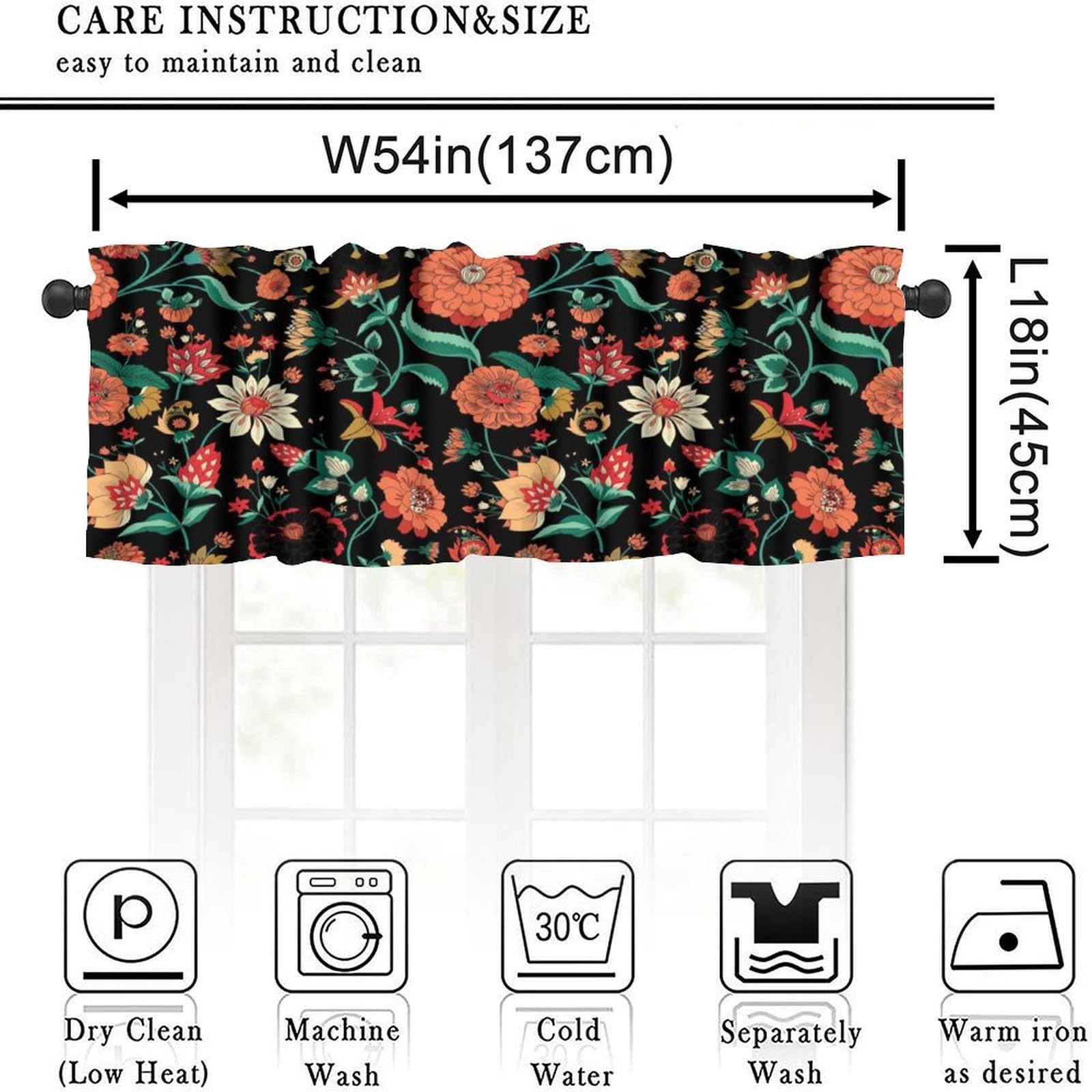 Boho Floral Valance Curtain for Kitchen Black Minimalist Rustic Hippy Mandala…