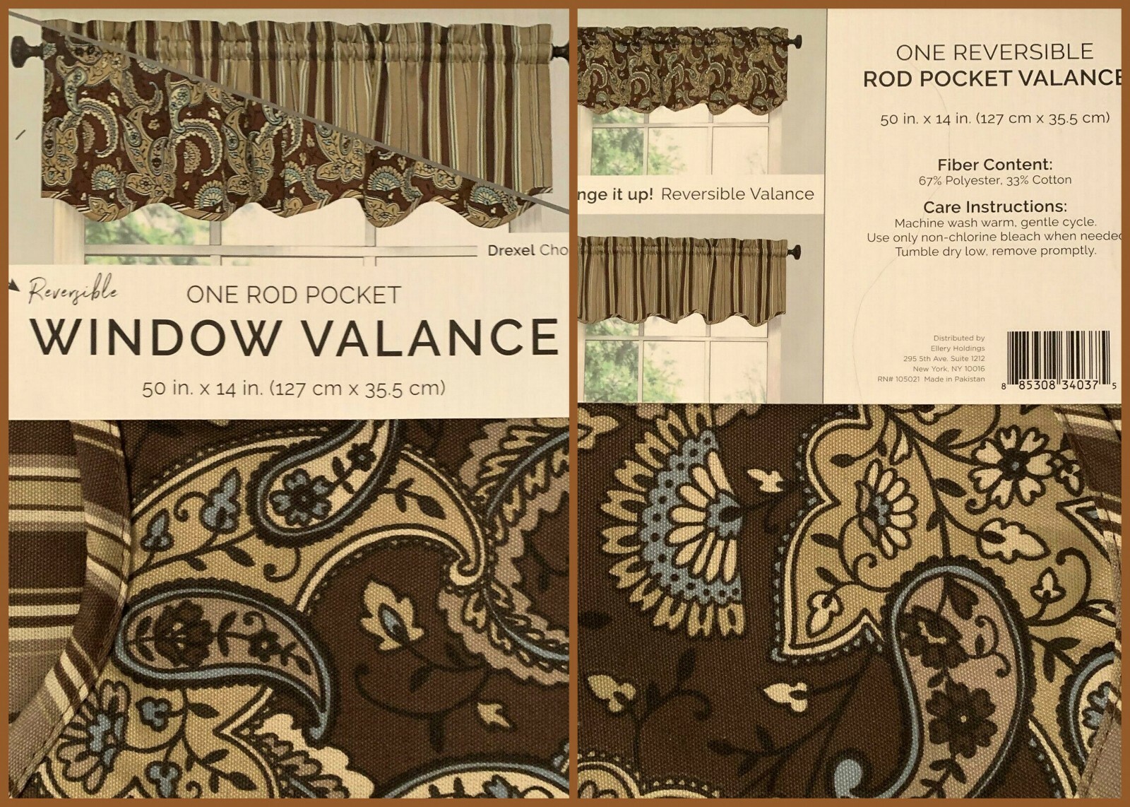 ELLERY Reversible Valance Drexel CHOCOLATE with a Touch of Blue 50″ x 14″ NEW
