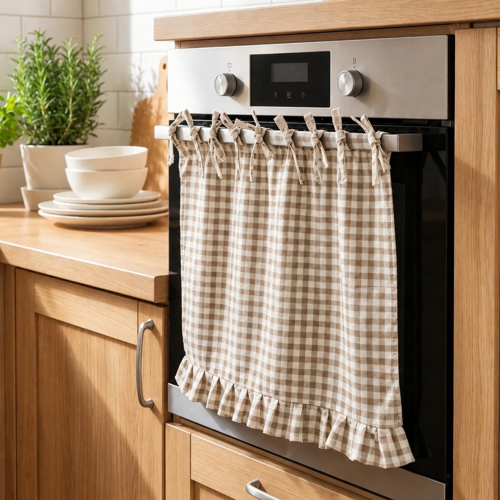 Oven Skirt Curtain for Kitchen Decor 22 x 31 Inch Brown and White Checkered