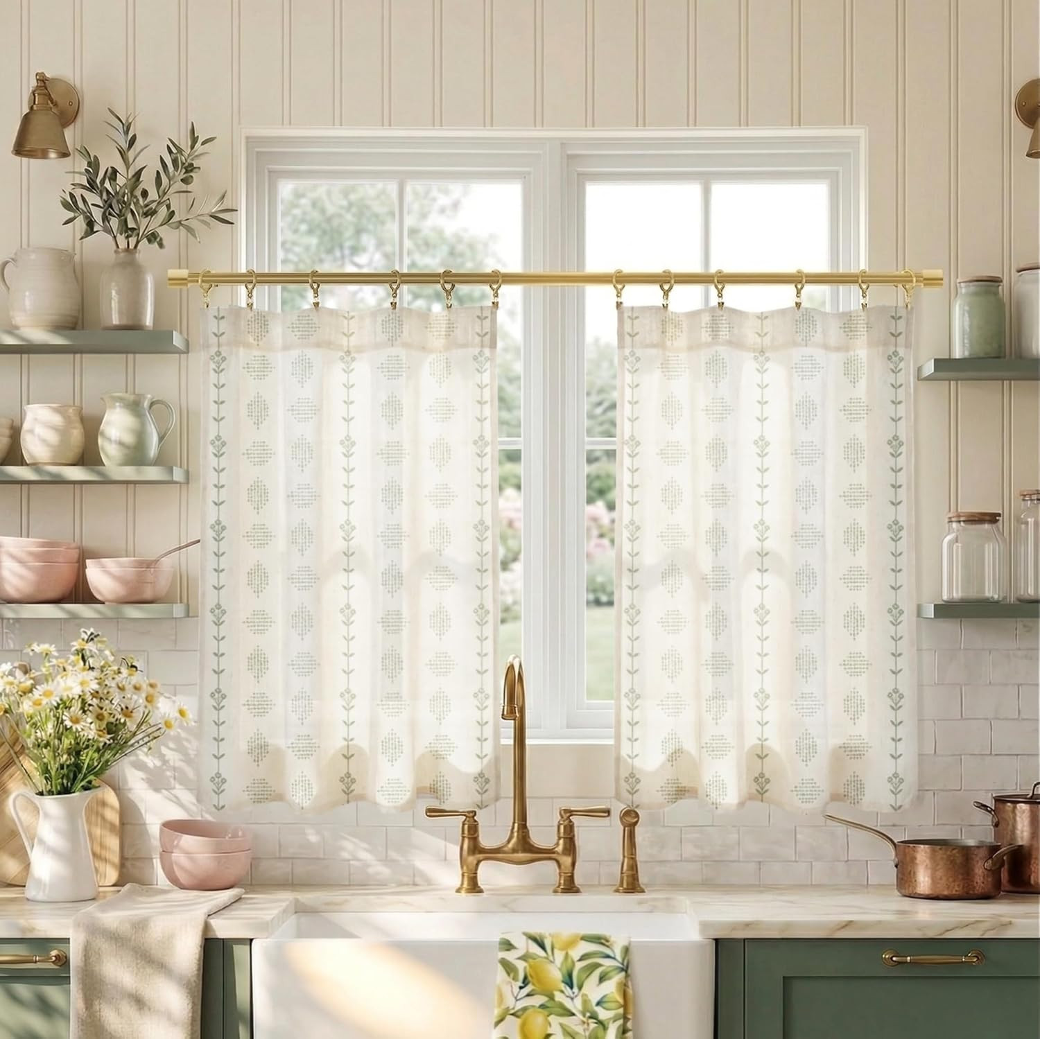 Kitchen Window Curtains over Sink,Sage Green Boho Vintage Floral Sheer Curtain f