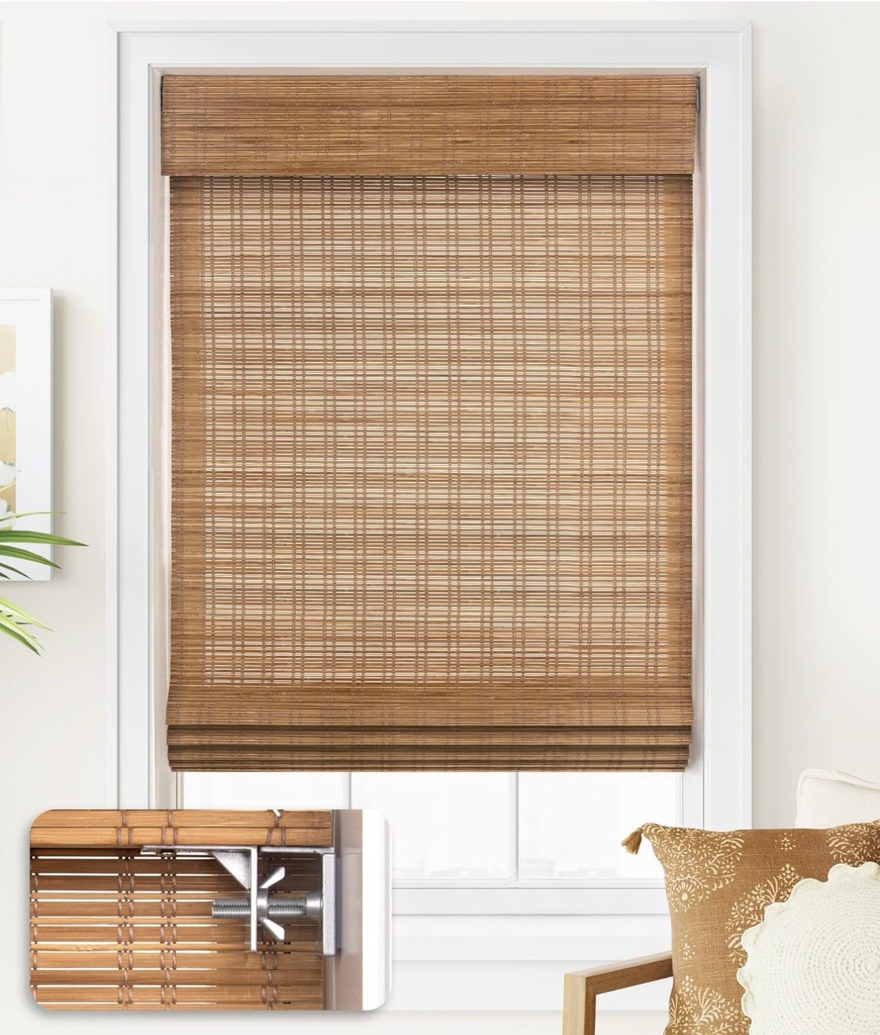 LazBlinds No Tools No Drill Cordless Bamboo Roman Shades 27” W X 64” H