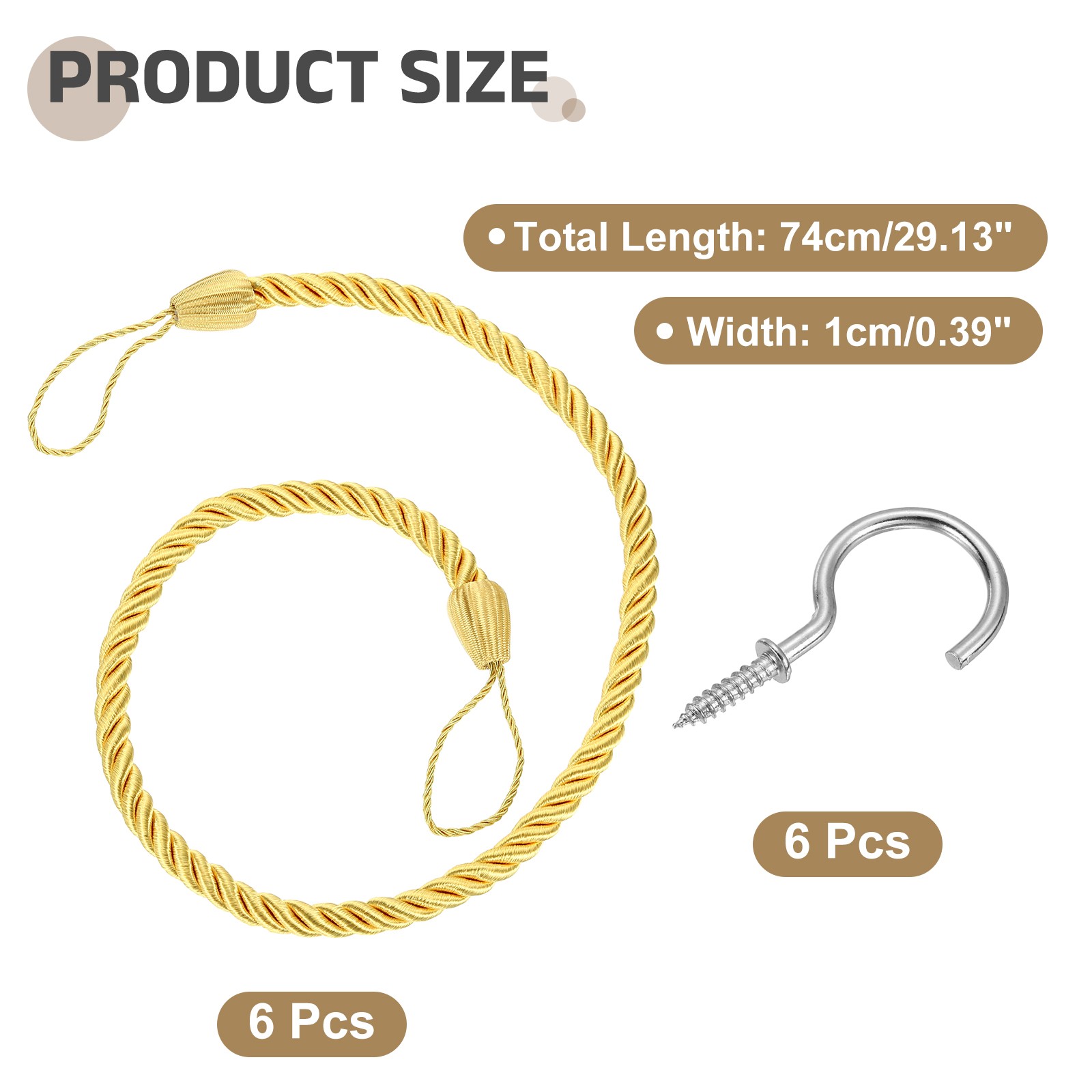 6Pack Curtain Tiebacks 74cm/29″ Braided Drapery Holdback with Hook Gold