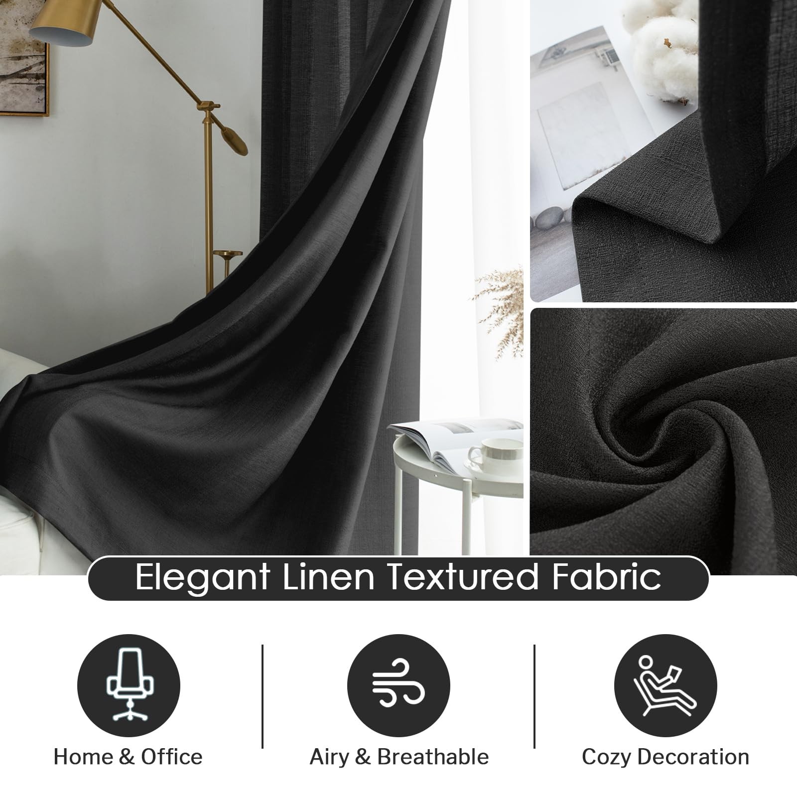 Melodieux Black Semi Sheer Curtains 84 Inches Long For Living Room Bedroom Flax