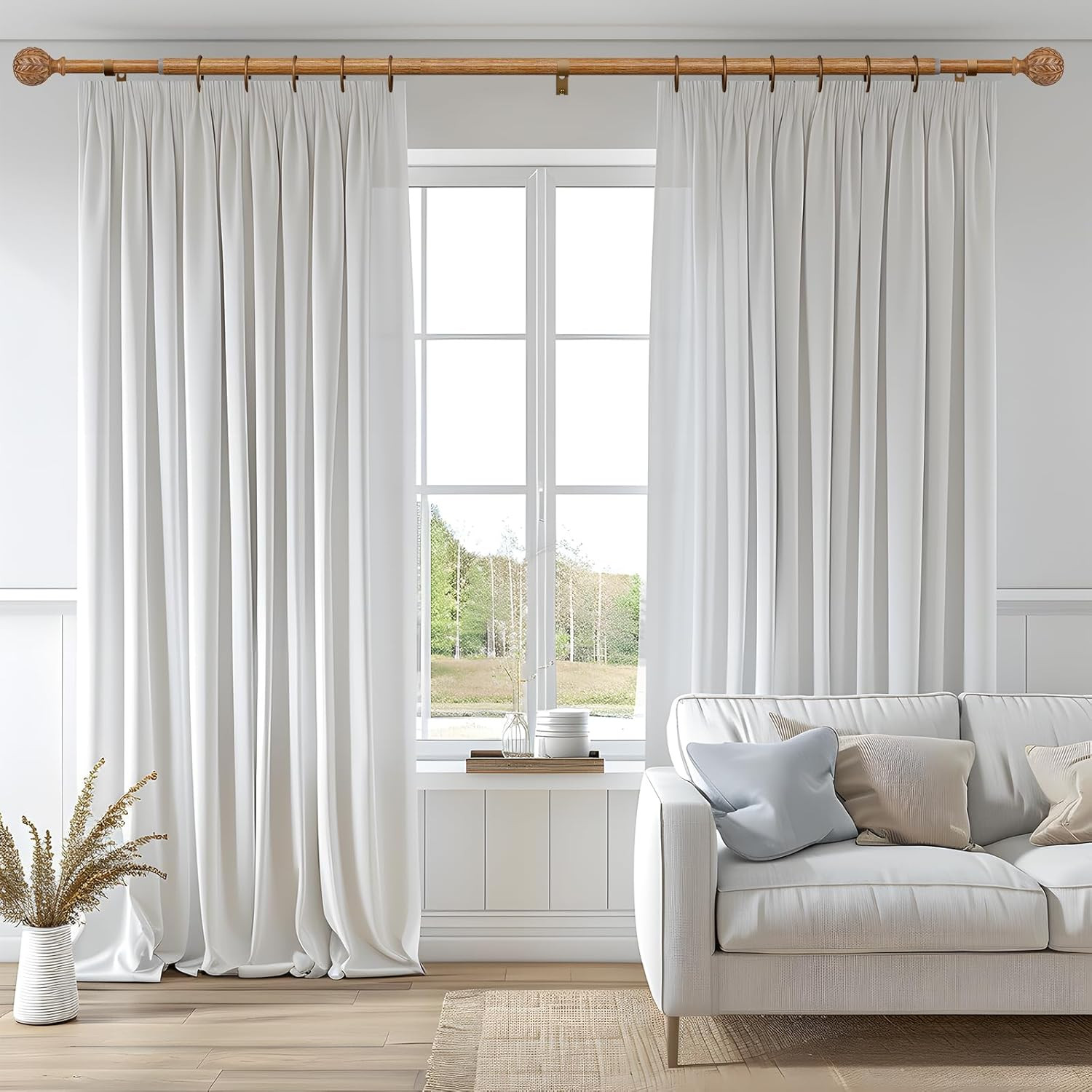 2 Pack Adjustable Wood Curtain Rods 66-120 Inch with Leaf Finials, Boho Style