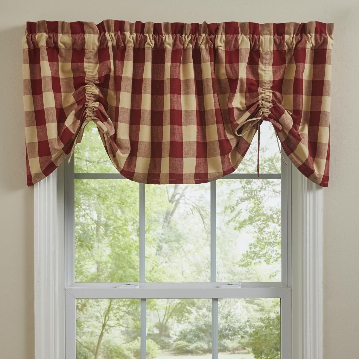 WICKLOW CHECK LINED FARMHOUSE VALANCE, garnet red & tan checkered, NEW, 60X20