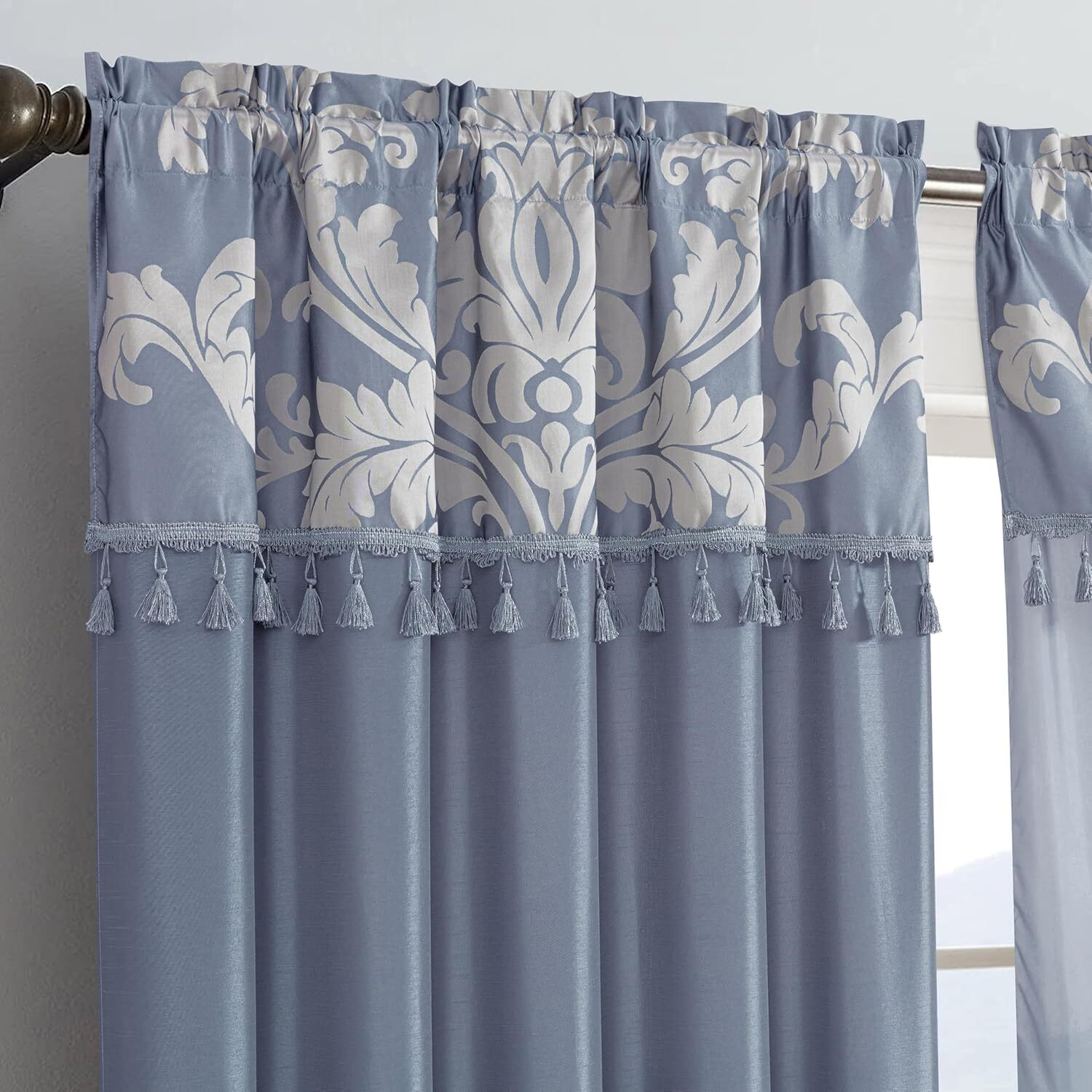 Chezmoi Collection Royale Jacquard Floral Curtain Set with Attached Valance