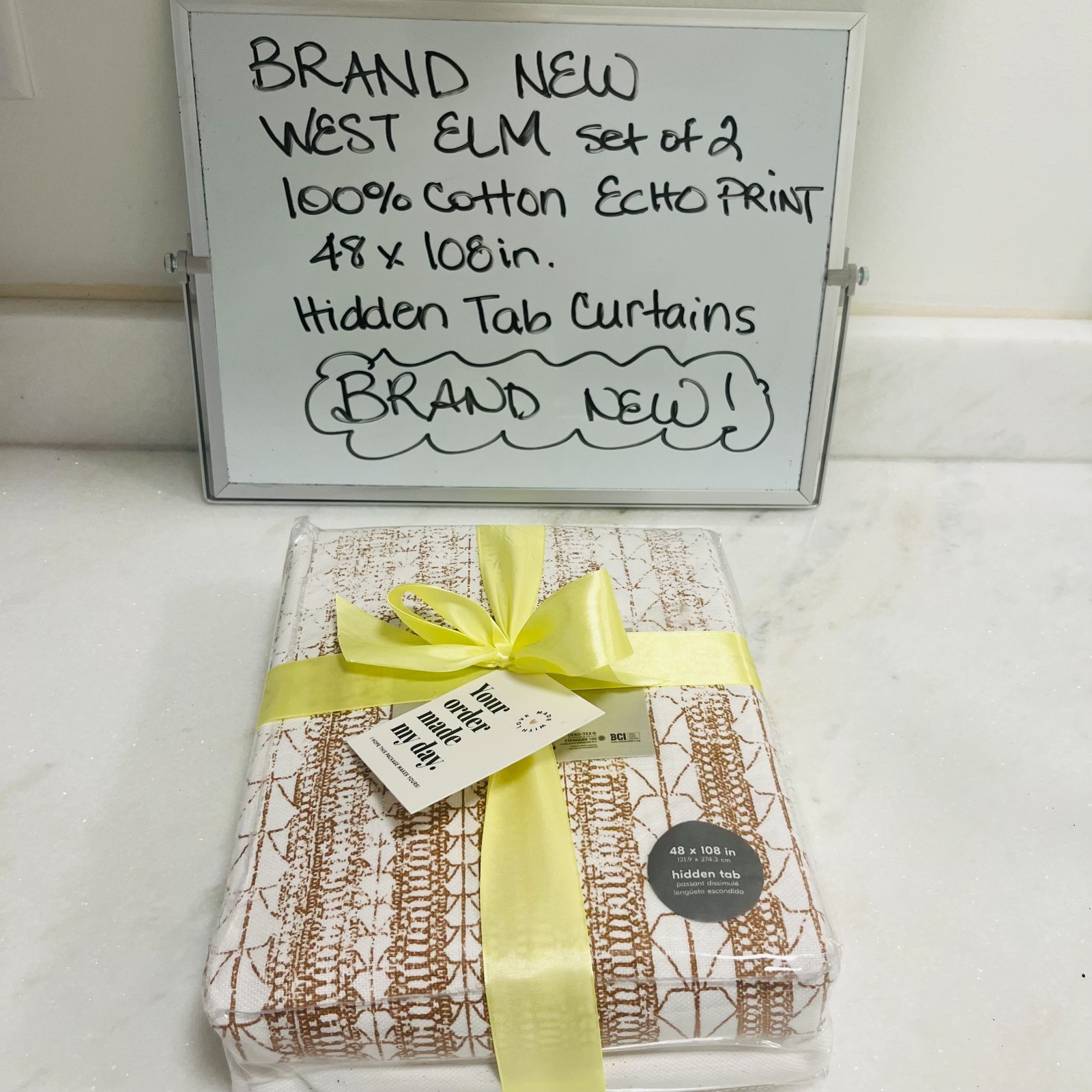 Brand New West Elm Set of 2 100% Cotton Echo Print 48x108in. Hidden Tab Curtains