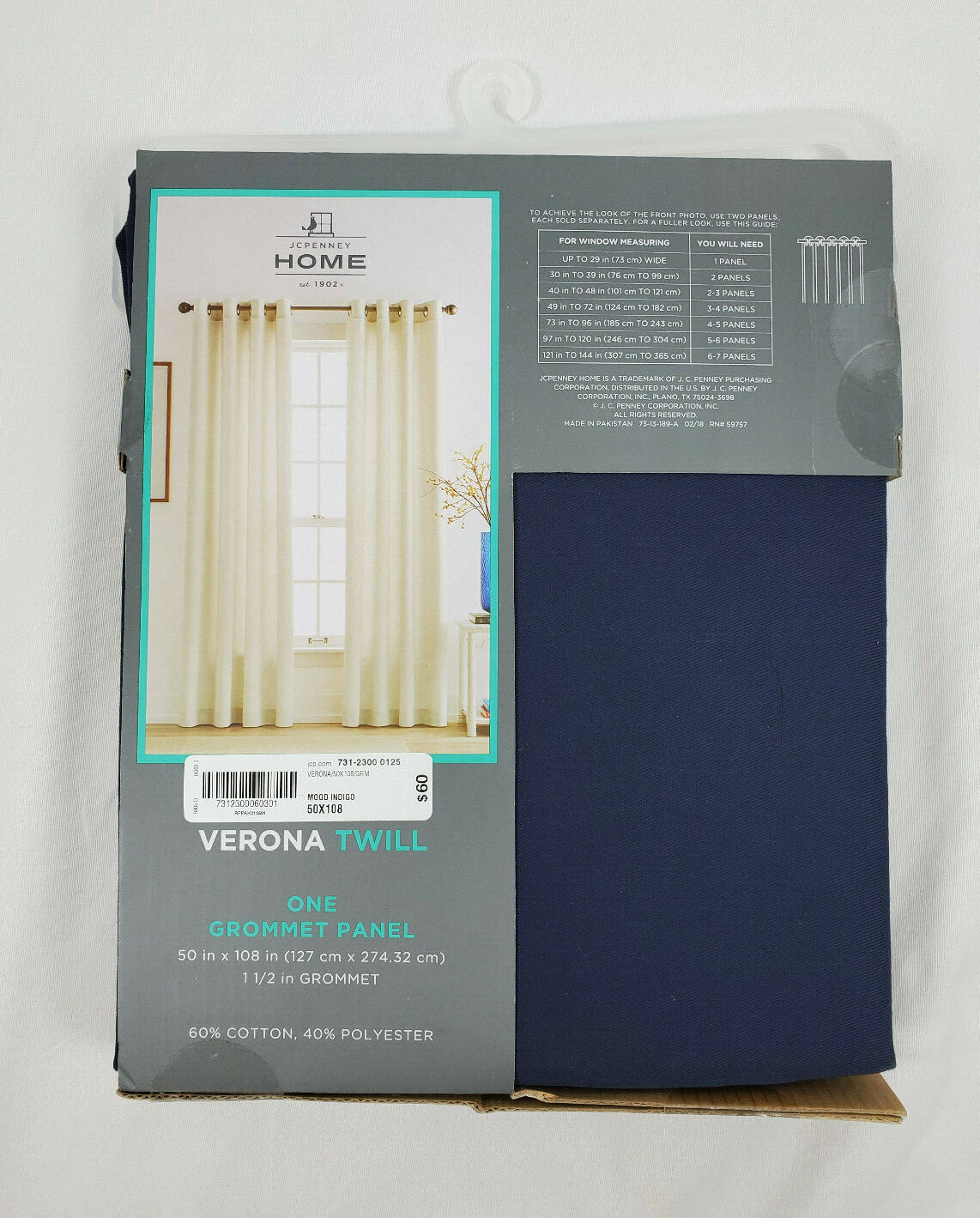 JCP Home Mood Indigo Blue Verona Twill Grommet-Top Curtain Panel, 50″x108″