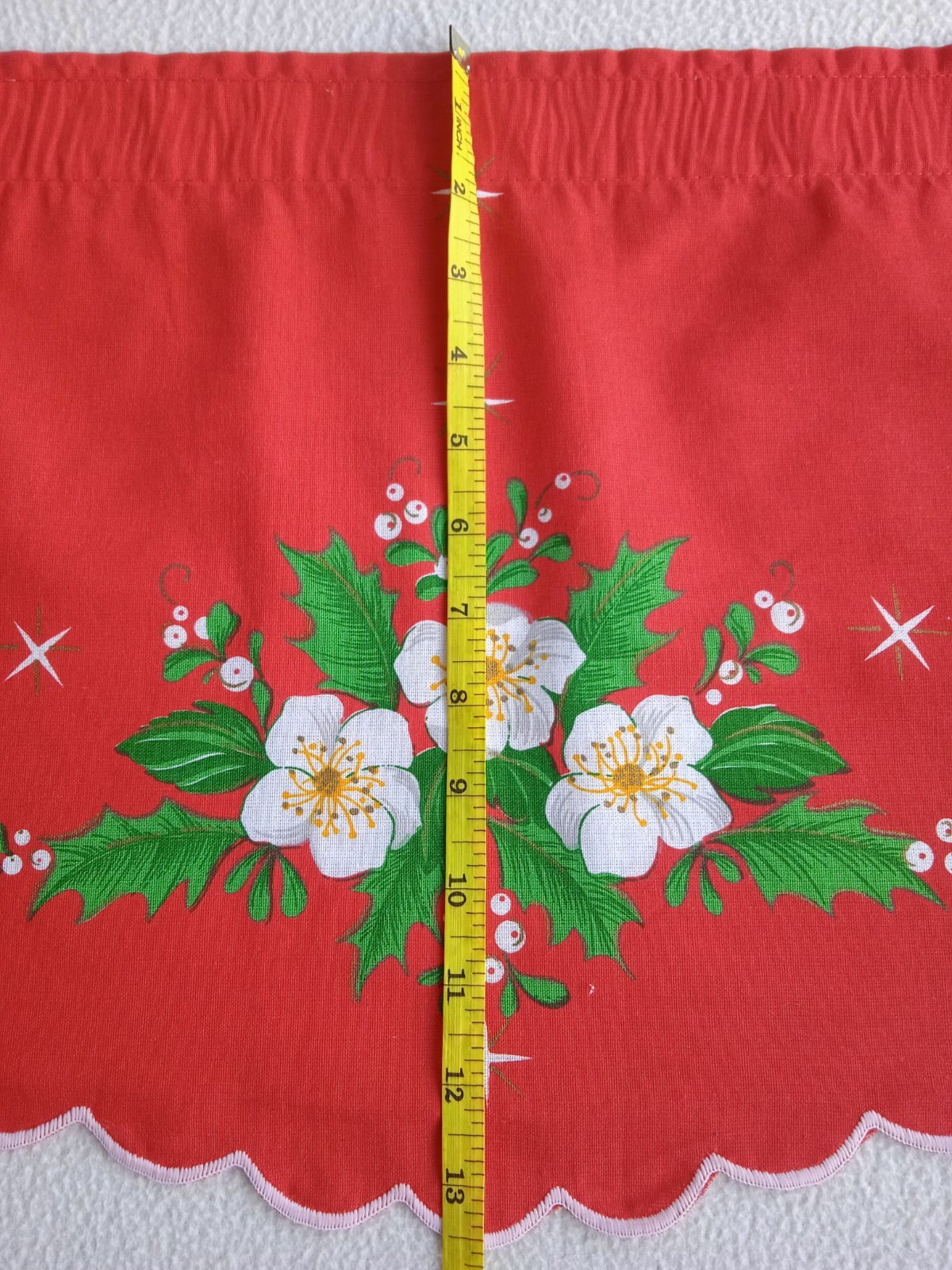 Vintage Christmas Red Cotton Valance with Candle & Flower Pattern Made in Brazil