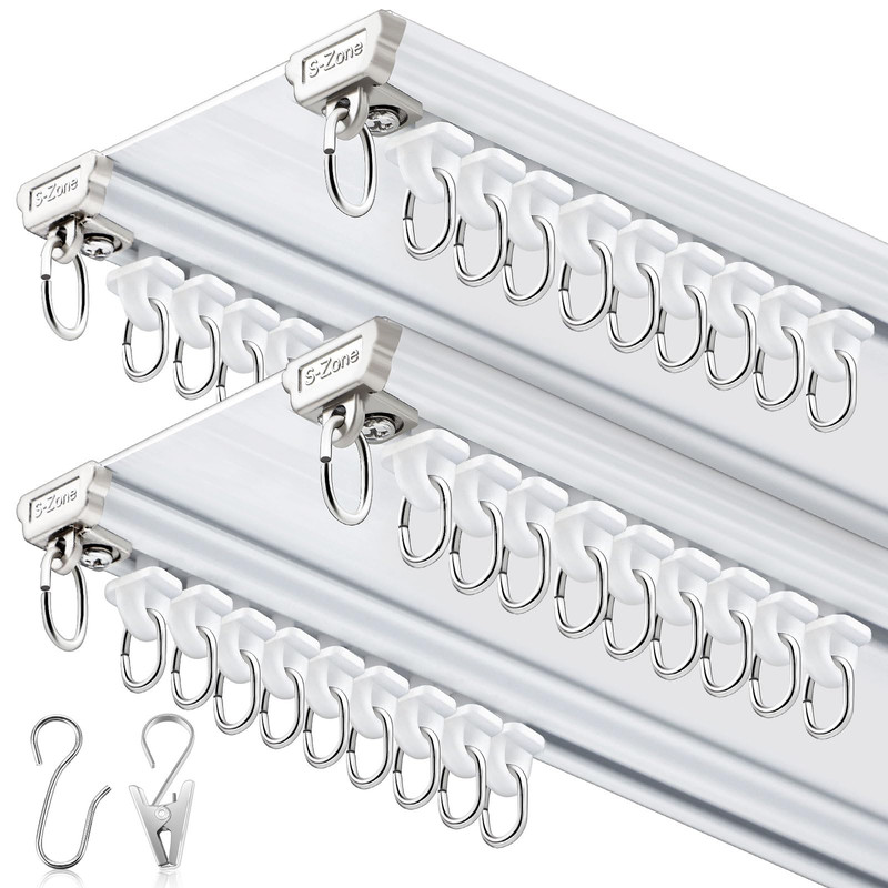 Juexica 2 Set Ceiling Curtain Double Track Set 3Ft-6.5Ft/2 Meter White Double