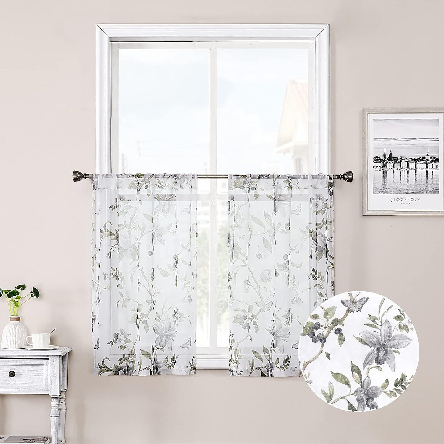 Floral Sheer Tier Curtain Grey Cherry Flower Butterfly Print Half Curtains Kitch