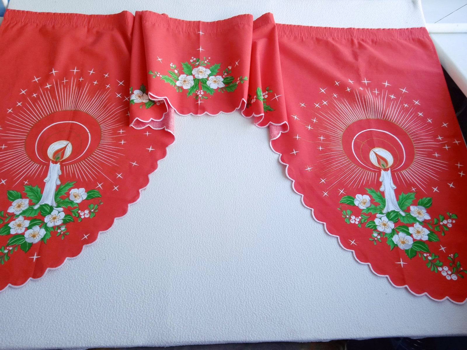 Vintage Christmas Red Cotton Valance with Candle & Flower Pattern Made in Brazil
