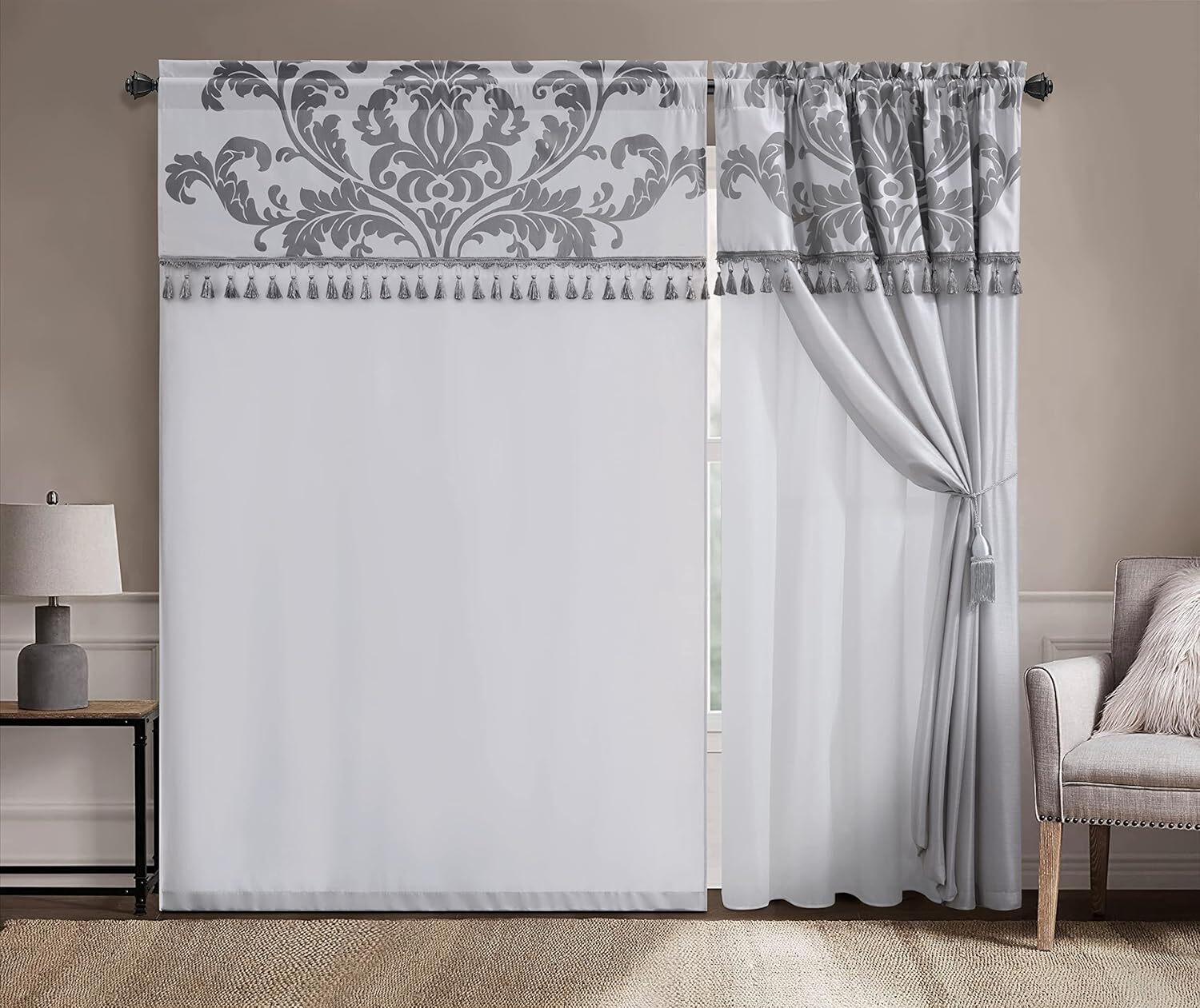 Chezmoi Collection Royale Jacquard Floral Curtain Set with Attached Valance