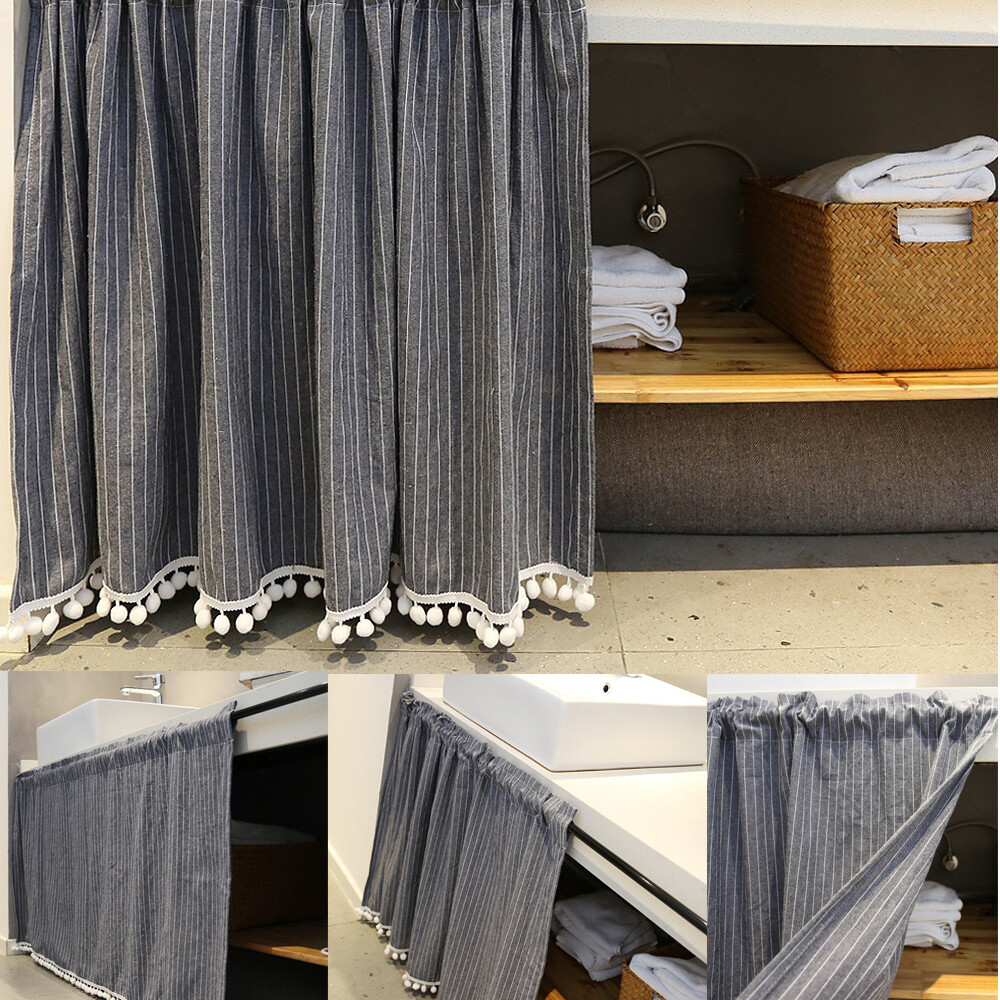Rod Pocket Pom Pom Stripe Short Curtain for Cabinet Kitchen Window Drape Valance