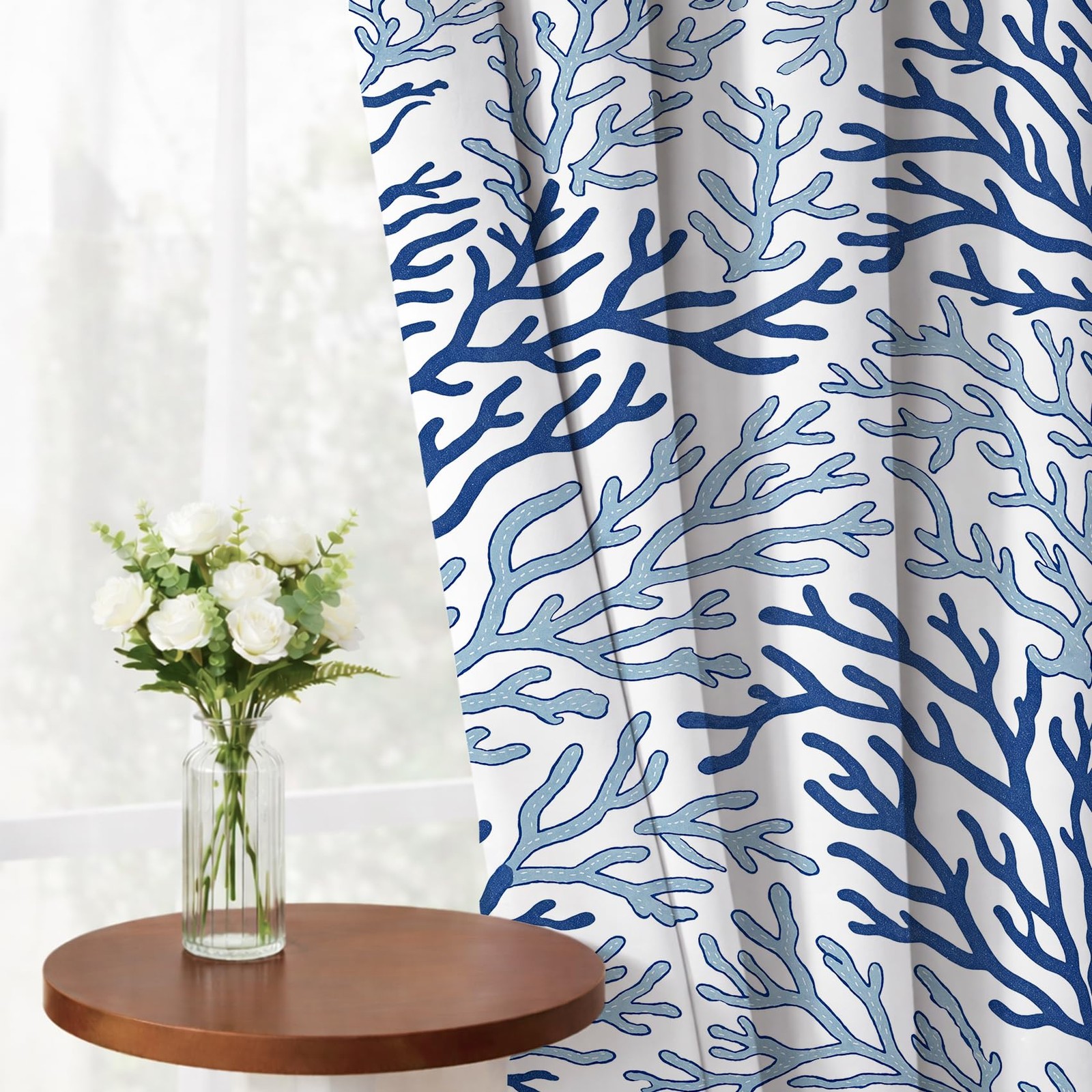 Coastal Coral Blackout Curtains Blue and Teal, 42×84 inch 2 Panels