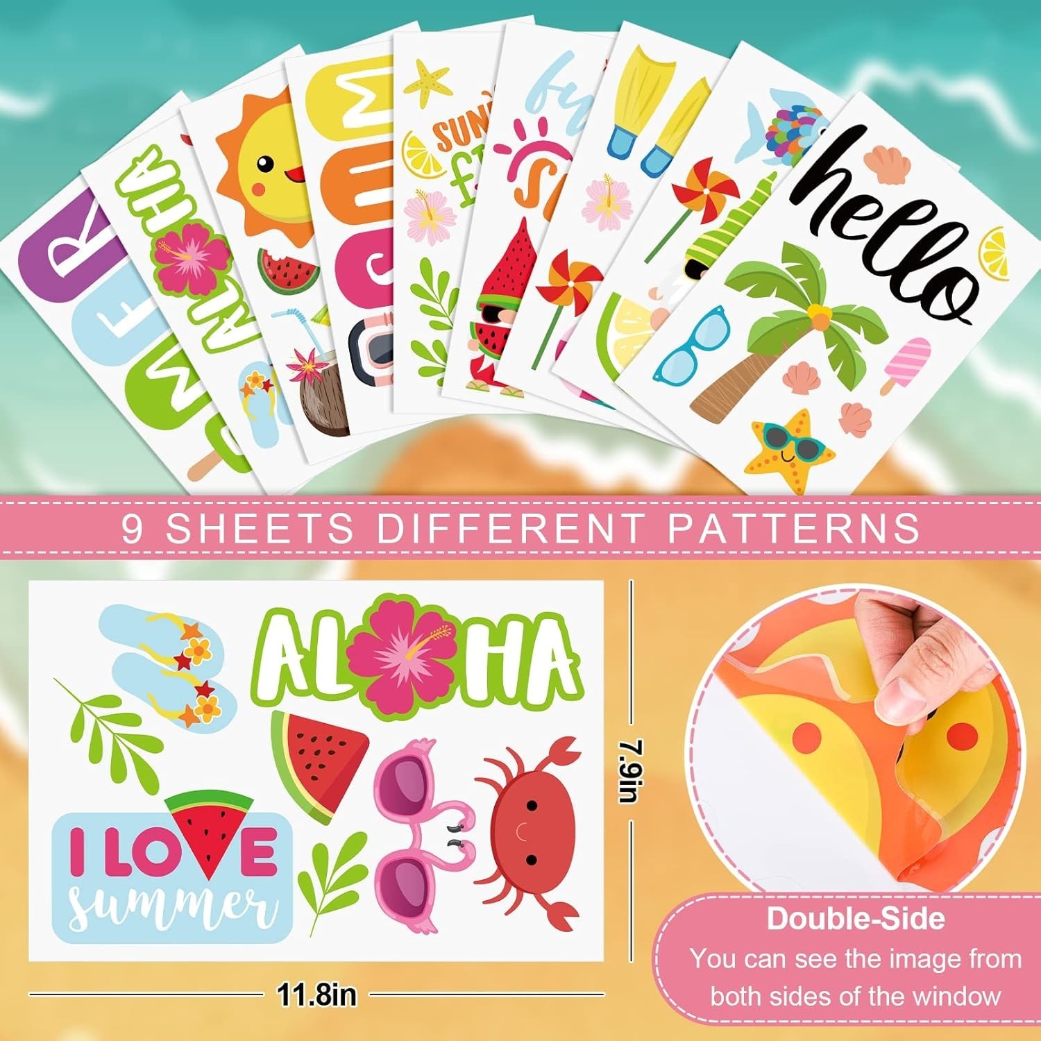 9 Sheets Summer Window Clings Cartoon Gnome Ice Lolly Prints Double-Sided Win…