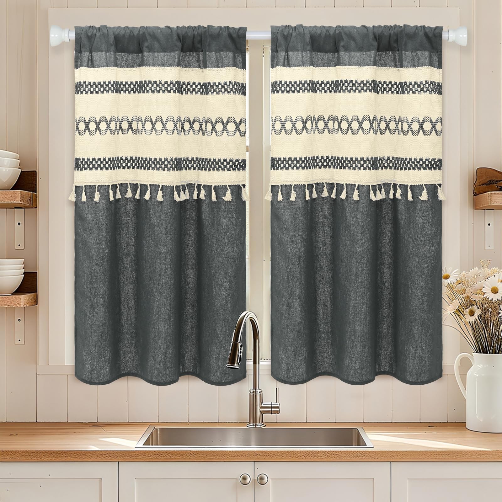 FRAMICS Farmhouse Kitchen Curtains Linen Cafe Curtains 36 Inch Length Grey Sh…