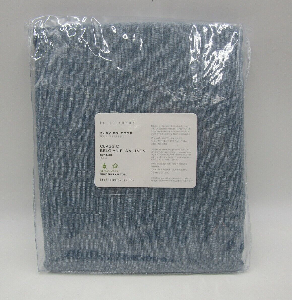 Pottery Barn Belgian Flax Curtain Cotton Lining Blue Chambray 50″x 84″ #Q3