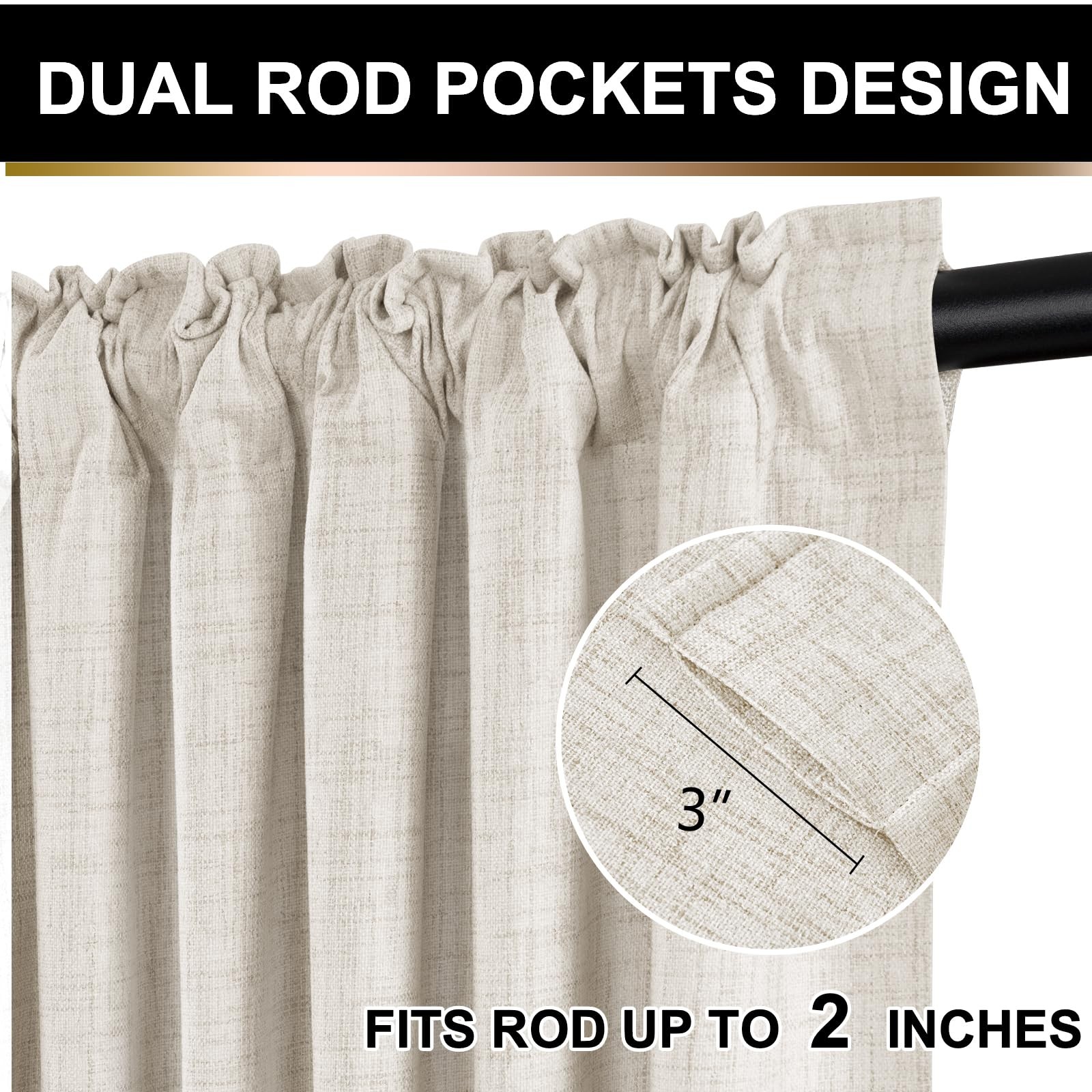 100% Blackout Shield Curtains 50W x 102L Beige 2 Panels Faux Linen Thermal