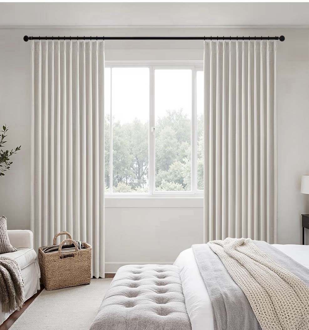 Pinch Pleated 100% Blackout Linen Blend Curtains Lined , Birch Color 40”W X 84”L