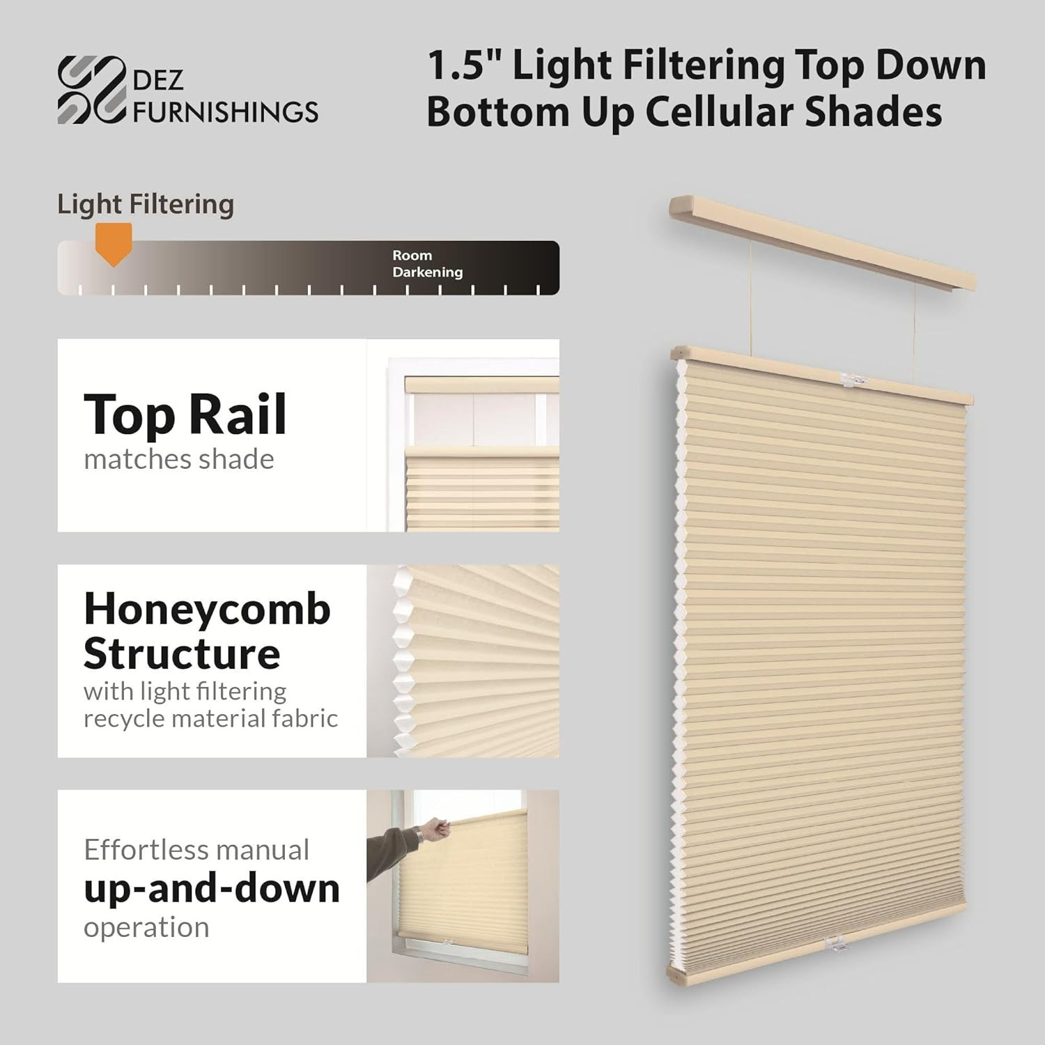 1.5″ Cordless Light Filtering Cellular Shade, Alabaster 71.5″x72