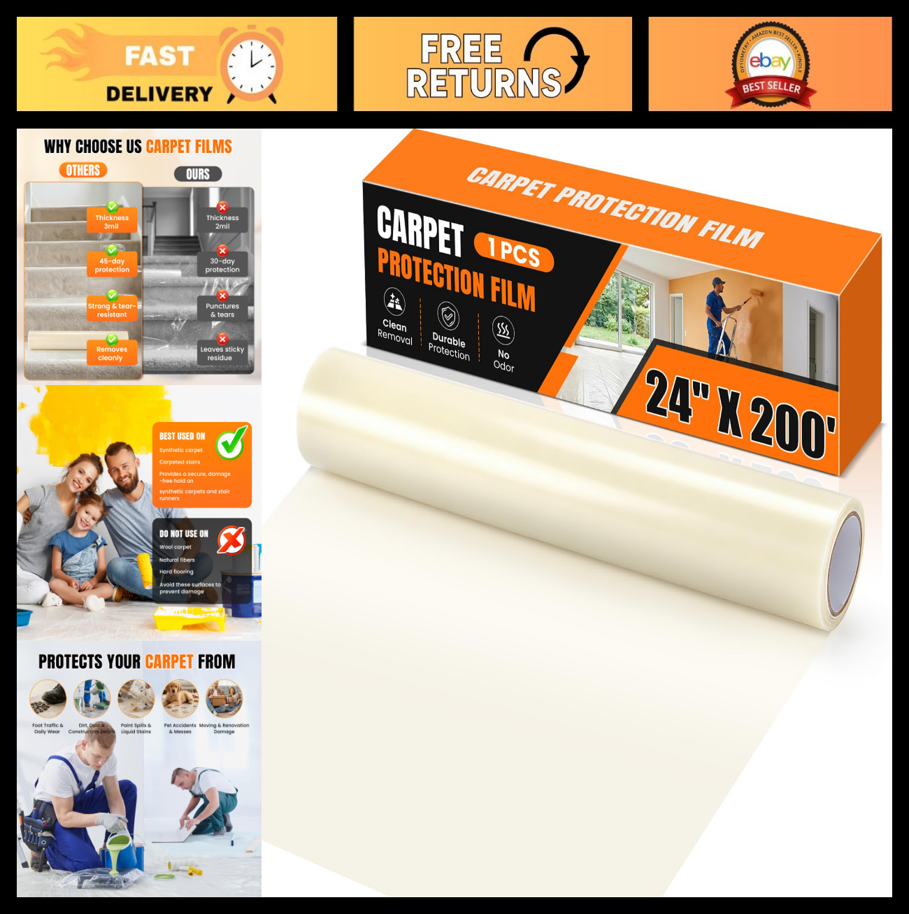 3Mil Carpet Protection Film 24″x200′ – Self-Adhesive, Easy Clean, Durable, Stain