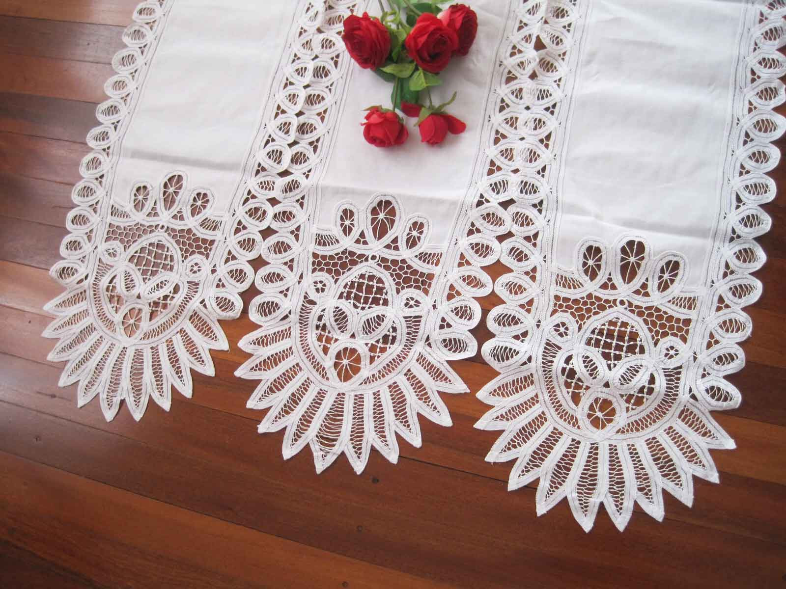 Only@ Elegant Three Panel Hand Batten Lace White Cotton Door Curtain 94cm Drop