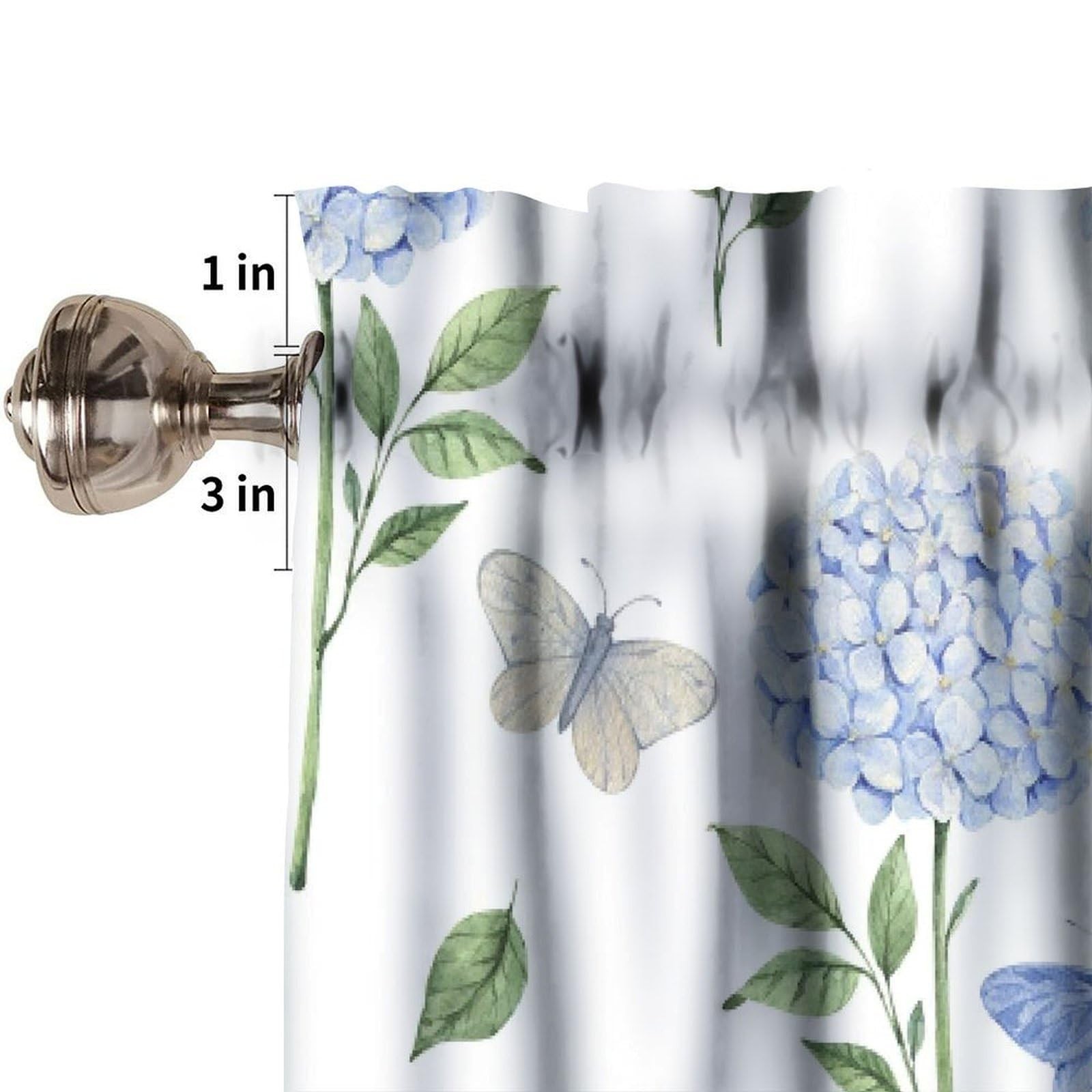 Blue Hydrangea Valance Curtains, Spring Summer Flower Butterfly Rod Pocket Sm…