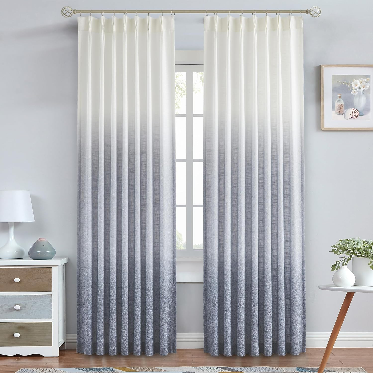Ombre Pinch Pleat Curtain Panels Rayon Blend Textured Semi Sheer Window Treatmen