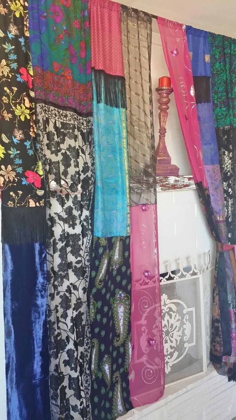 2 Pcs Indian Sari Patchwork Curtain Drape Window Decor Multi Silk Sari Curtain
