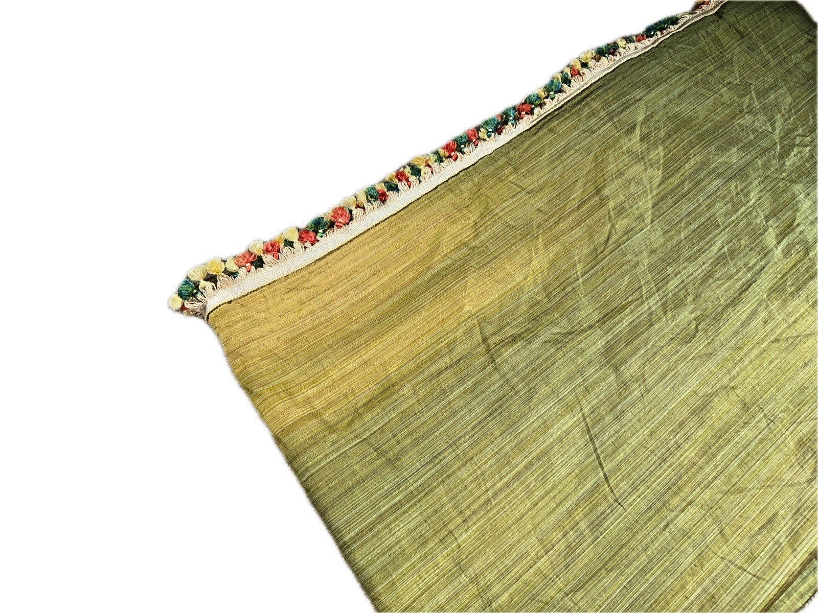 Single Stunning Silk Curtain Panel Green Double Lined 106 Long Poms Border Trim