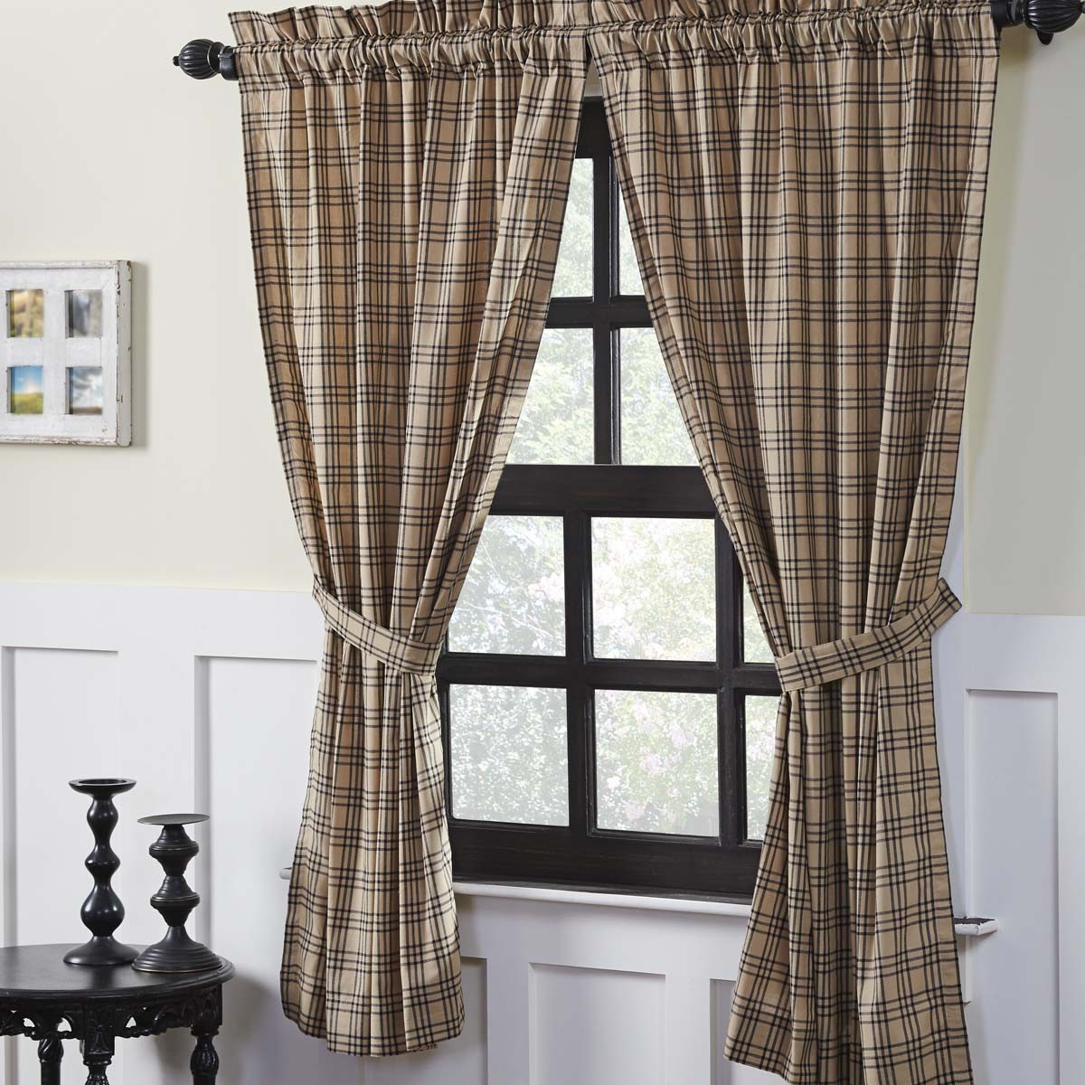 VHC Brands Sawyer Mill Farmhouse Charcoal Tan Plaid Short Panel Set of 2 63×36″