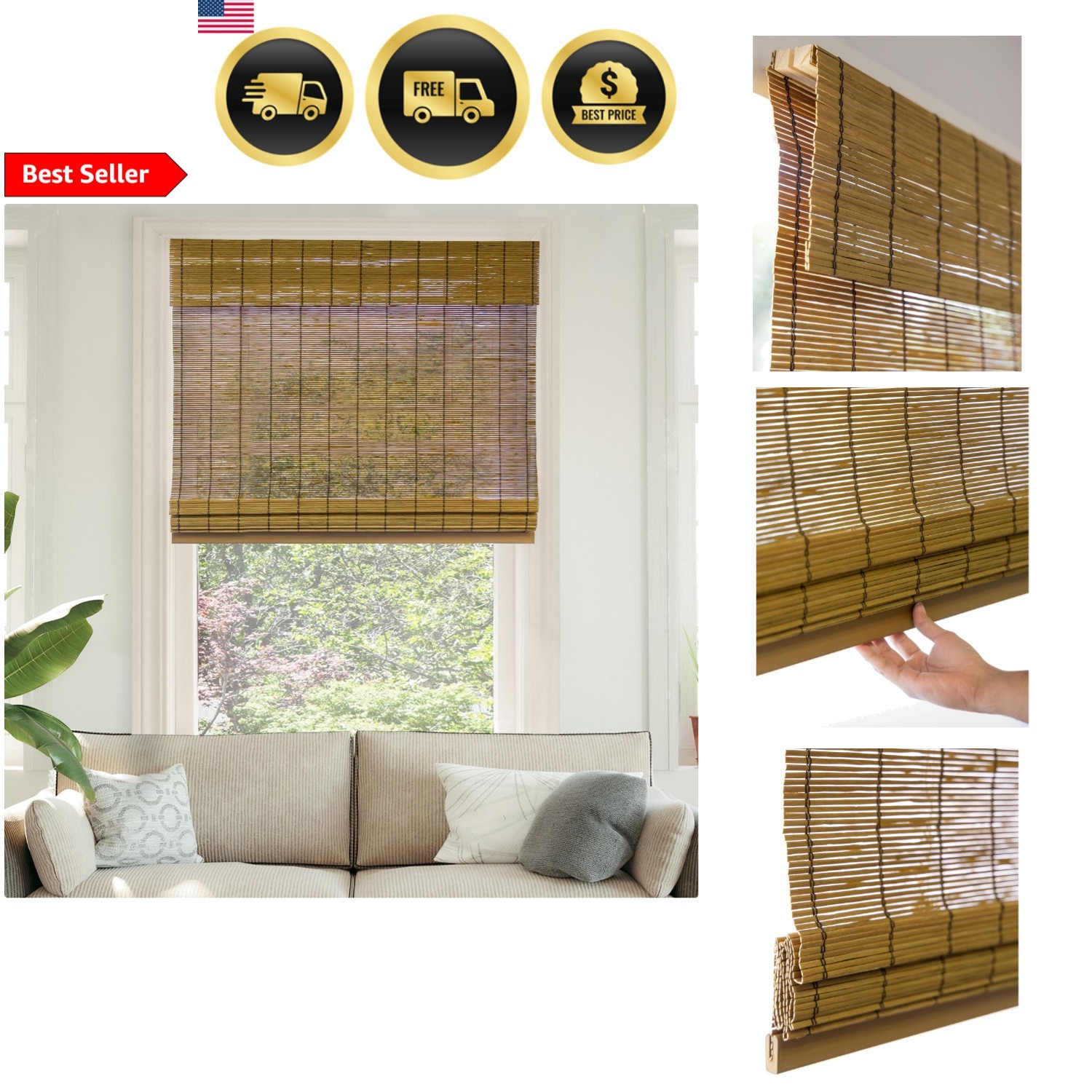 Bamboo Roman Shades Light Filtering Cordless Eco-Friendly Window Blinds for H…