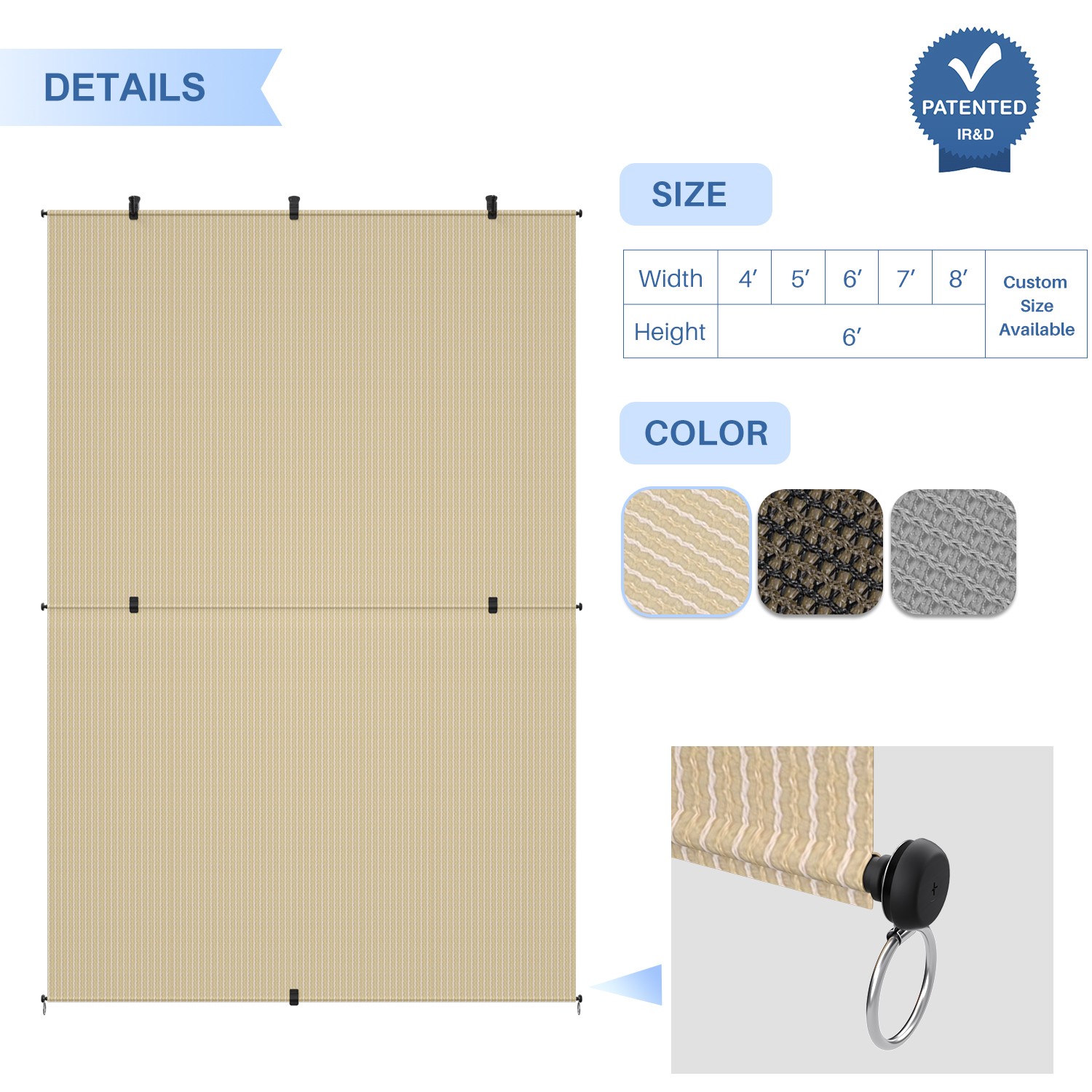 Beige 4-8ft Foldable Shade Cordless Roller Blinds Anti-UV for Patio Pergola Deck