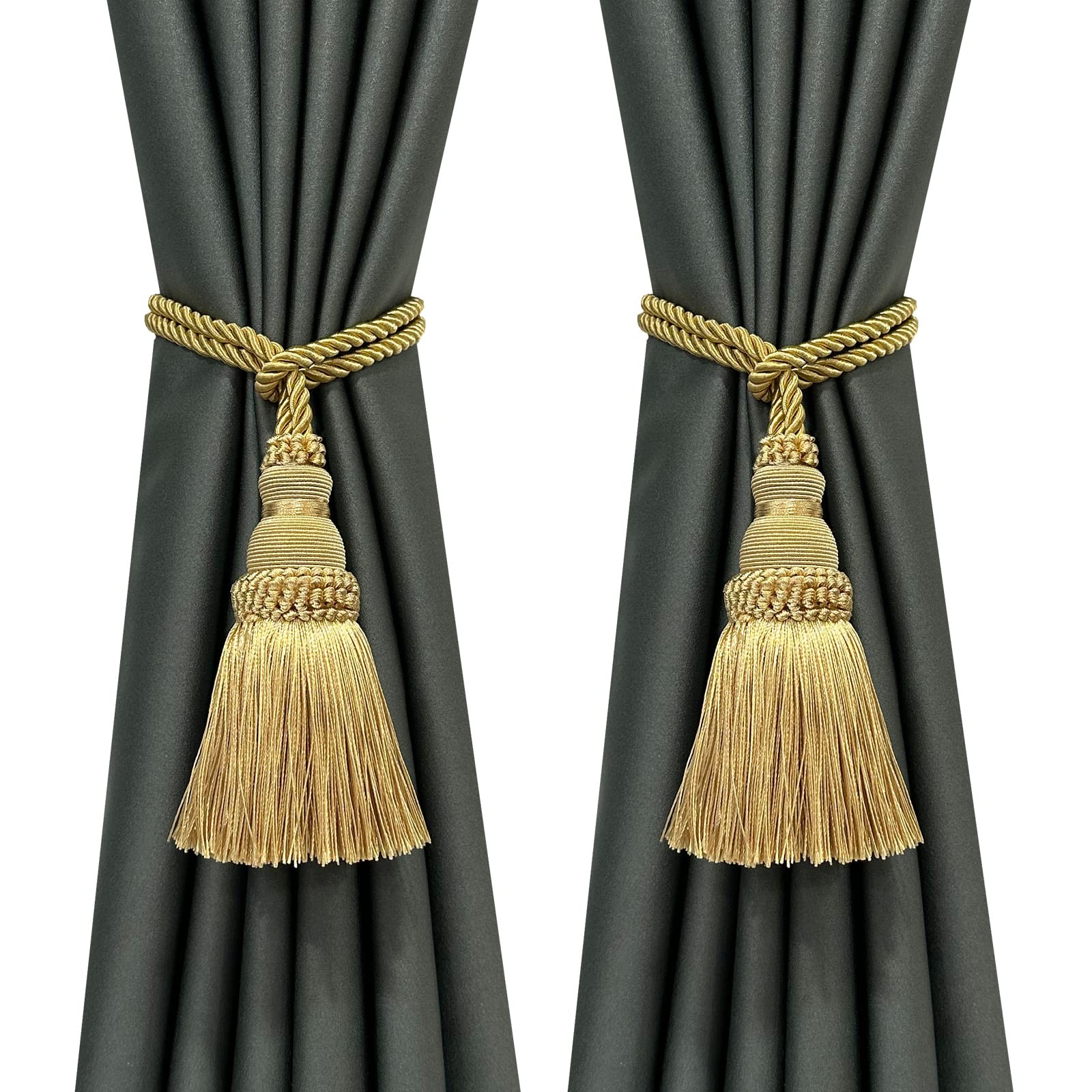 Fenghuangwu 2 Pack Curtain Tie Backs Rope Tassels for Curtains Drape 2p, Gold