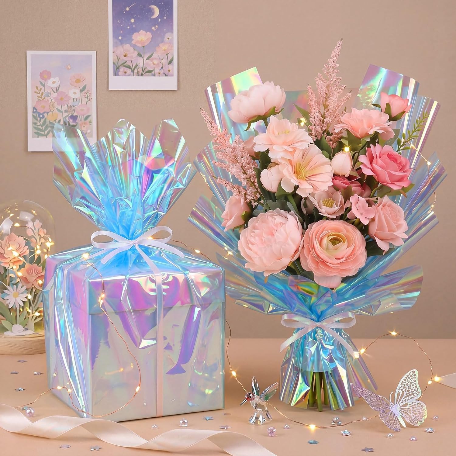 1 Sheet Iridescent Cellophane Wrap Roll Holographic Window Film 16 X 100 Inches